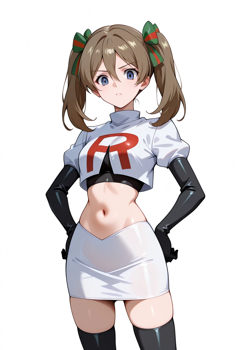 masterpiece, best quality, white background, looking the viewer,
 akwendy, brown hair, 1girl, twintails, long hair, blue eyes, hair ribbon, hair between eyes, navel, team rocket,team rocket uniform,white skirt,red letter R,crop top,black thigh-highs,black elbow gloves, cowboy shot