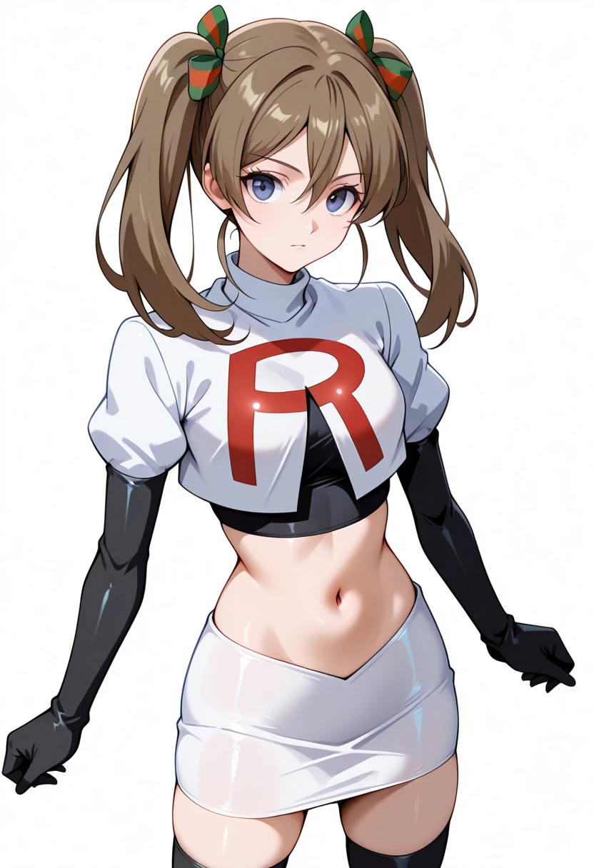 masterpiece, best quality, white background, looking the viewer,
 akwendy, brown hair, 1girl, twintails, long hair, blue eyes, hair ribbon, hair between eyes, navel, team rocket,team rocket uniform,white skirt,red letter R,crop top,black thigh-highs,black elbow gloves, cowboy shot