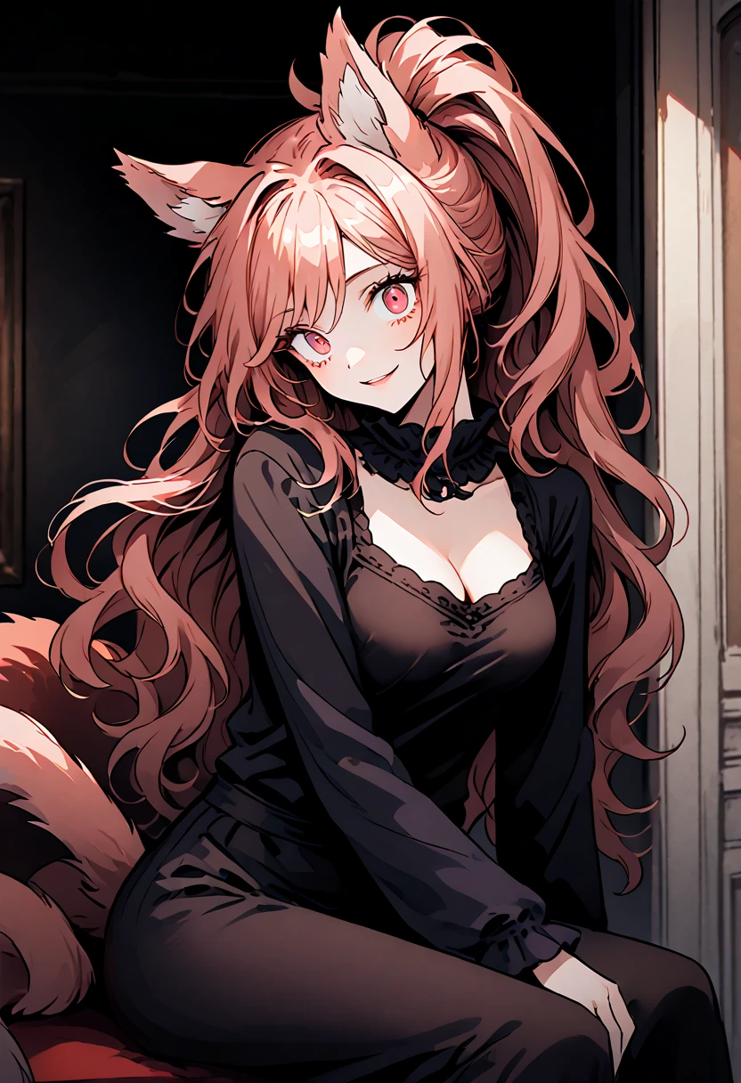 Alone, close up, female,  red eyes,  light red hair,  long wavy hair, ponytail,  straight and straight hair , ManticoreMGE,  monster girl ,  prehensile tail ,  animal ears , for the, basic, claws, Victorian, Young,  sitting on the couch ,  looking at the viewer , casual clothes, from the side, wide smile,  inside the house,  wide-eyed ,  head tilt, Excited, tomboy,  tight clothes , playful, energetic, sunny,  inside the house,  cleavage,  Big breasts 