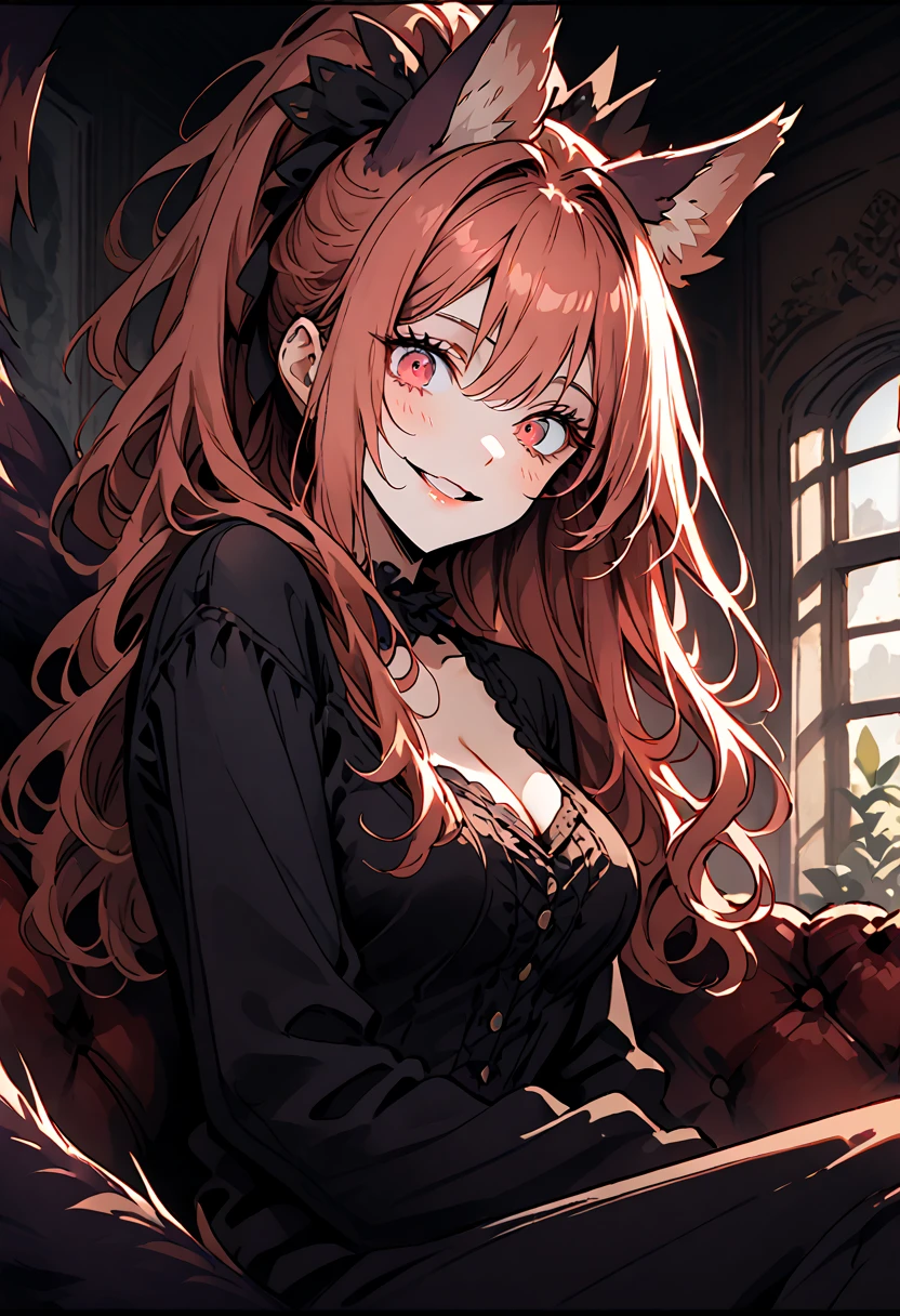 Alone, close up, female,  red eyes,  light red hair,  long wavy hair, ponytail,  straight and straight hair , ManticoreMGE,  monster girl ,  prehensile tail ,  animal ears , for the, basic, claws, Victorian, Young,  sitting on the couch ,  looking at the viewer , casual clothes, from the side, wide smile,  inside the house,  wide-eyed ,  head tilt, Excited, tomboy,  tight clothes , playful, energetic, sunny,  inside the house,  cleavage,  Big breasts 