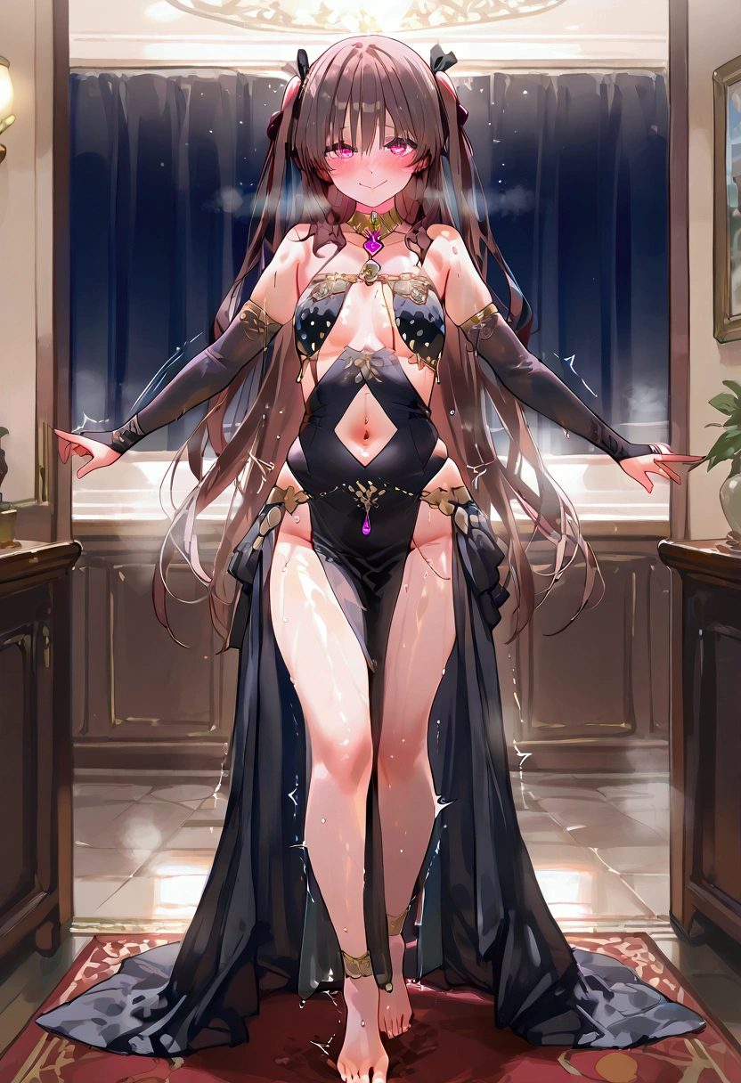 Belly dancer indoors, carpet wooden interior, barefoot, full body, MizukiYukikaze, 1 girl, brown hair, very long hair, two sides up,hairing, pink eyes, hair ribbon, small breasts, slim body, (( brown hair)), twin tails, ((Pink Eyes)), Details Eyes,
, black dress, bare shoulders, no panties, collared dress, neck jewel, jewel, breast curtains, clothing cutout, navel cutout, pelvic curtain, elbow gloves, black gloves, bridal gauntlets, blush, sweaty, steamy, looking at the viewer, (wavy mouth, smile, stealth orgasm, twitching lines), dancing, shiny, shiny skin, shiny outfit, wet clothes, wet skinskindentation