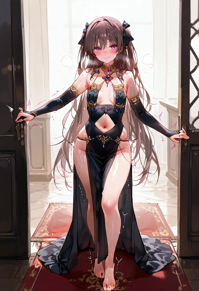 Belly dancer indoors, carpet wooden interior, barefoot, full body, MizukiYukikaze, 1 girl, brown hair, very long hair, two sides up,hairing, pink eyes, hair ribbon, small breasts, slim body, (( brown hair)), twin tails, ((Pink Eyes)), Details Eyes,
, black dress, bare shoulders, no panties, collared dress, neck jewel, jewel, breast curtains, clothing cutout, navel cutout, pelvic curtain, elbow gloves, black gloves, bridal gauntlets, blush, sweaty, steamy, looking at the viewer, (wavy mouth, smile, stealth orgasm, twitching lines), dancing, shiny, shiny skin, shiny outfit, wet clothes, wet skinskindentation