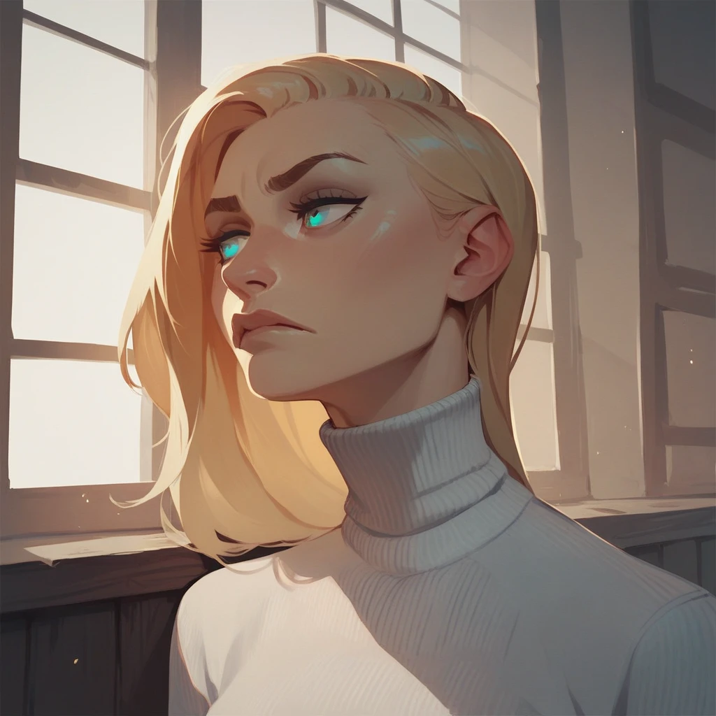 An woman with blonde hair, cyan eyes and white turtleneck, she looks bored, she stares at a nearby window.