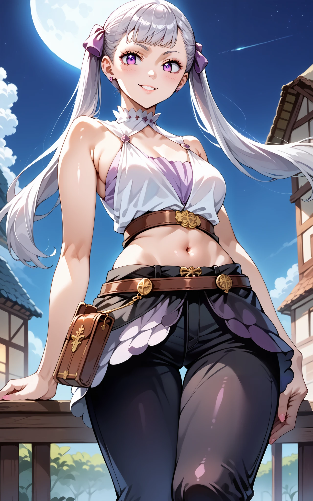 score_9, score_8_up, score_7_up, source_anime,4K,perfect fingers,(perfect hands, perfect anatomy),
noelle silva, grey hair, purple eyes, twintails, hair ribbon, 
Wearing ((separate,shiny black pants, belt, waist pouch, navel, bare shoulders, bare breasts)),
Standing,looking at viewer,seductive pose,teasing smile, NSFW,