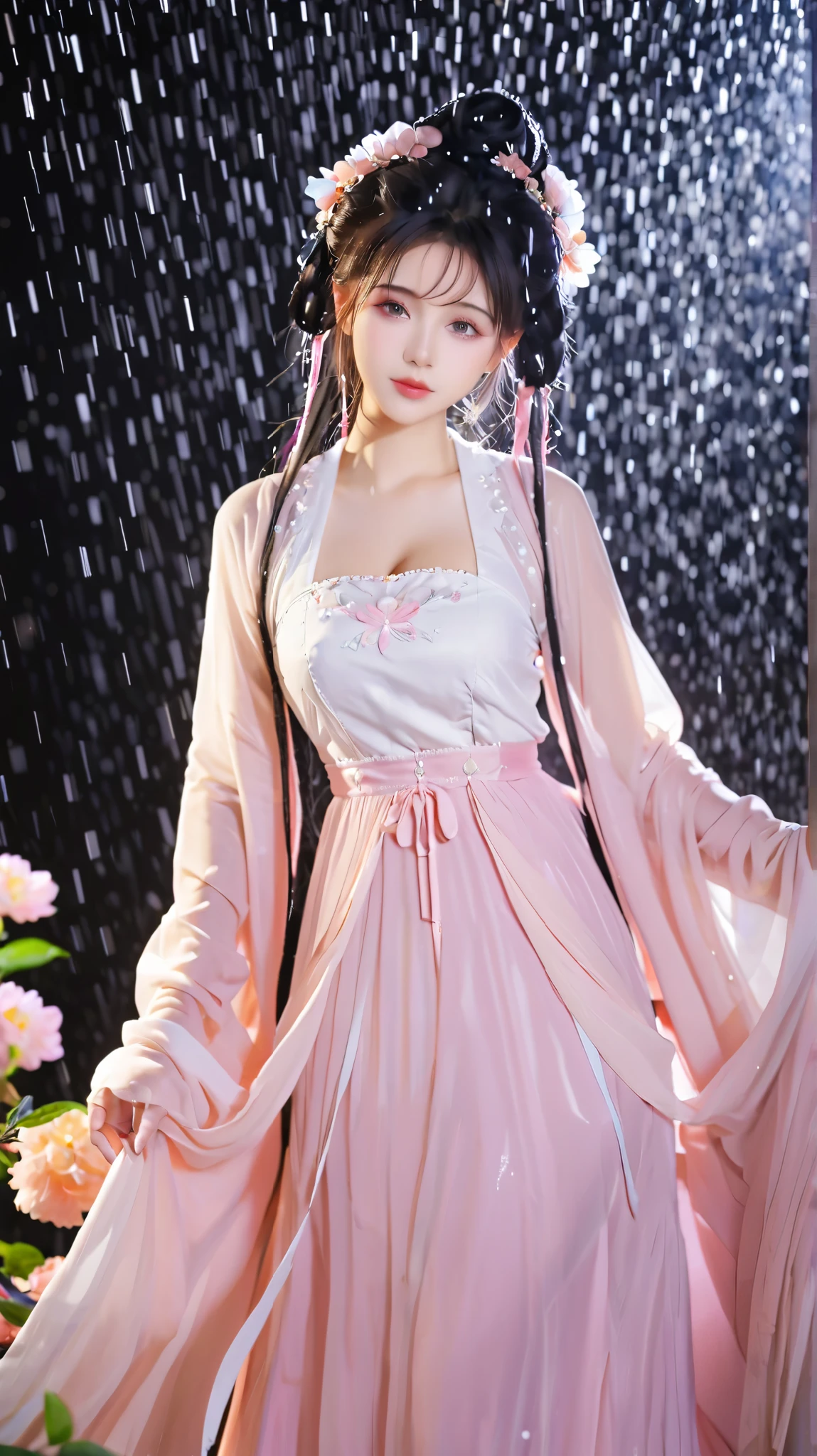 Pink Hair、 wearing a pink dress、头发上有花朵的Anime Girl, very 美丽的Anime Girl, 美丽的Anime Girl, beautiful fantasy anime , Gu Weiss, Anime Girl, 美丽的Anime Girl, very pretty cute girl, pink flower rain , background blur, Anime style 4K, Anime fantasy work , 4k anime wallpaper, Guvez style artwork