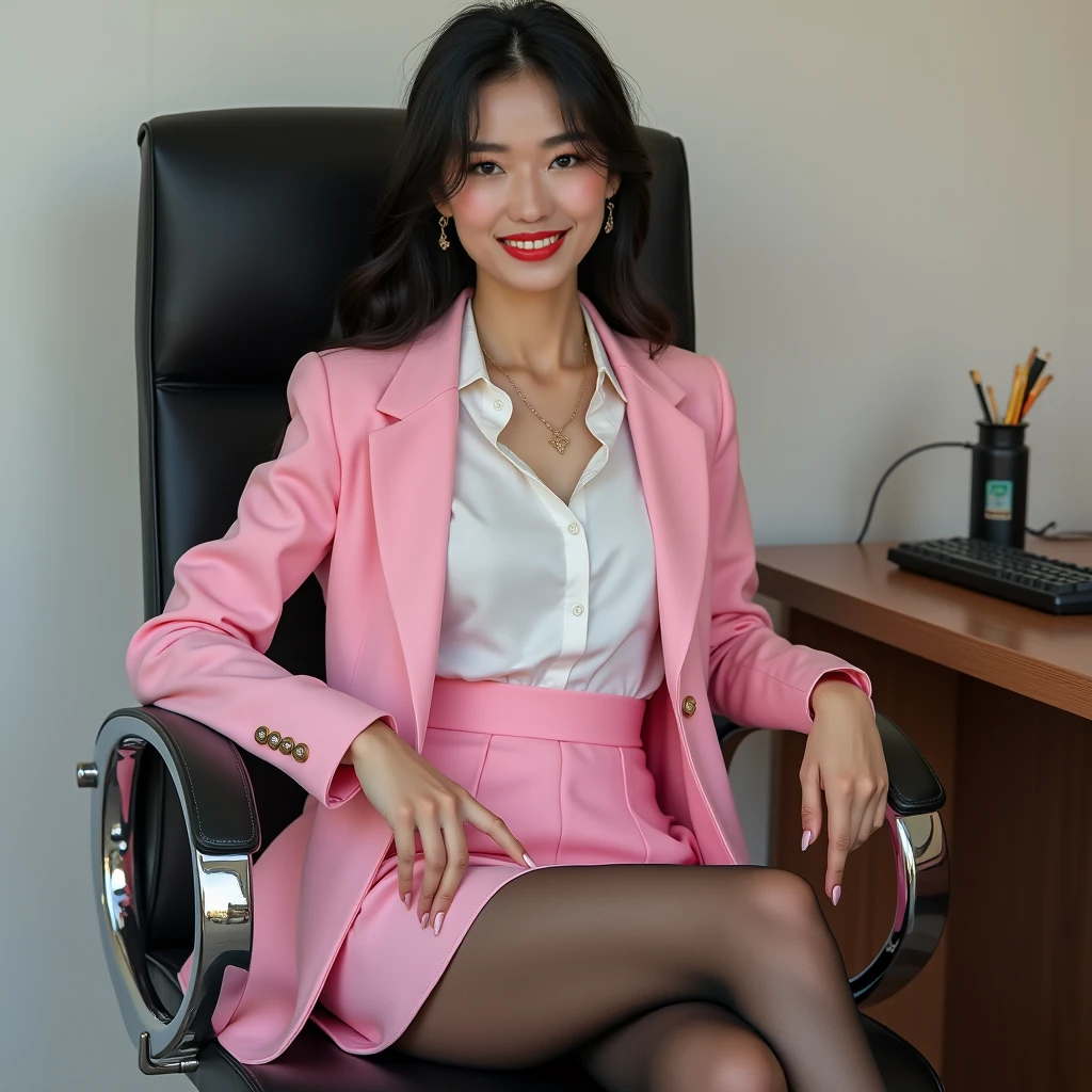 (top-quality、8K、32K、masterpiece、nffsw:1.2)、1girl in、beautiful japanese female、big breasts thin waist、different color suit、Open jacket、Office、desk work、(sit a chair)、((opens legs))、((different style of pose))、finerly detailed face、shorth hair、 (with spread legs:1.5), beautiful lace pink panty, realistic render, cute asian 30 years old woman, detailed eyes, real human face, eyeshadow, soft smile,