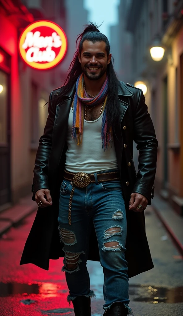 a stocky muscular man with thick hairy pectoral, wear white wife beater and blue jeans that are worn out and have lots of holes, shiny silver chain belt, black leather trench coat, rainbow coloured scarf, black leather high heels boots, rings on each fingers, smile wide showing his gold teeth, long black hair in topknot hairstyle, standing in the middle of a wet dark alley, midnight, there's a large round shaped red light neon sign on the wall with text "Men's Club", photorealistic, models, cinematic colors, chiaroscuro, Long Hair, Looking at viewer, Very Long Hair, Depth Of Field, Masterpiece, Anatomically Correct, Best Quality.