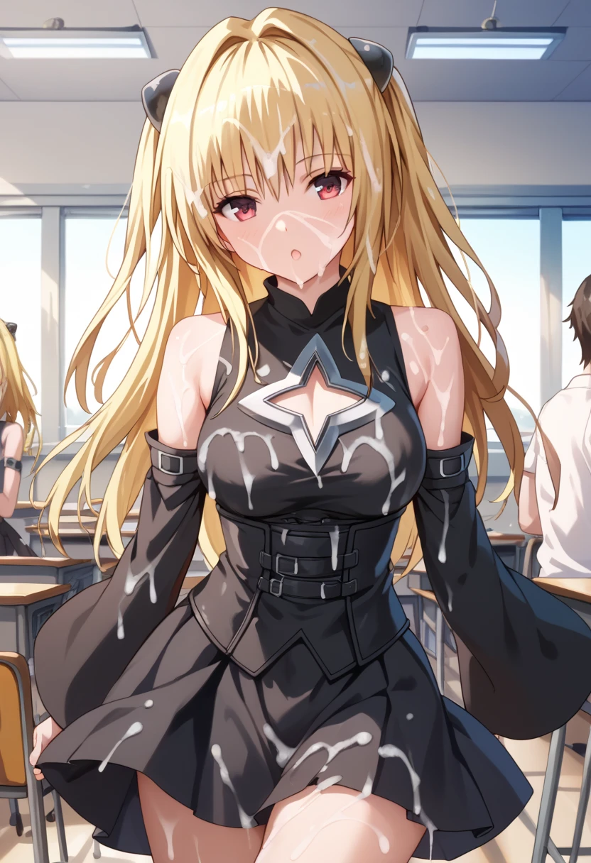 sleeveless, detached sleeves, dress, black dress, black skirt, clothing cutout, cleavage cutout, master piece,Konjiki no Yami ,sfw, 1girl,2boy,looking at viewer, dutch angle, cowboy shot,(classroom:1.0) ,(bukkake:1.4)
