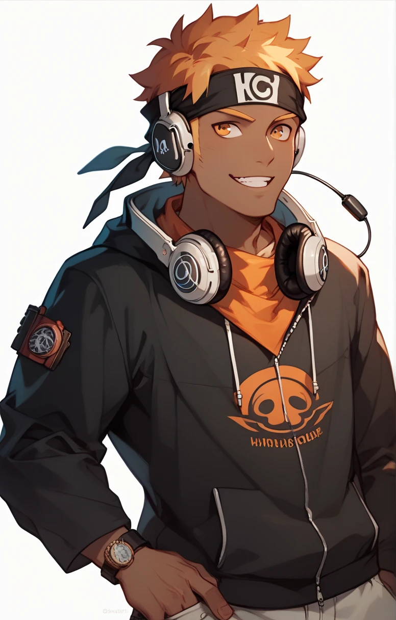 # **Prompt:** # “A chibi-style male character with dark skin, wearing a gorilla-themed hoodie in orange and black as the main colors. The character has a bandana on his head, headphones around his neck, and stands against a plain white background. The overall design emphasizes a fun and dynamic aesthetic with small proportions and expressive features.”