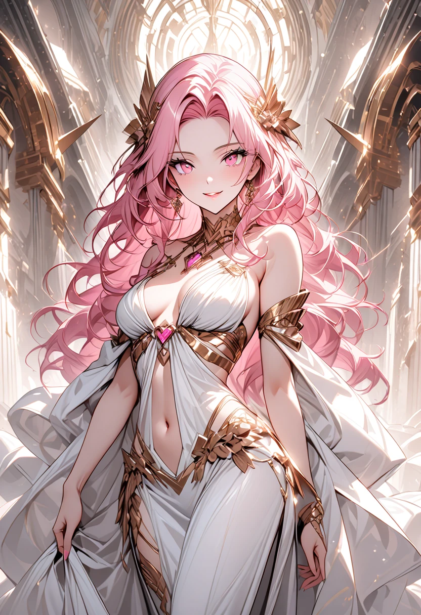 ((Romance Fantasy)), ((illustration)), (detailed), (clear), (Perfect), 1 woman, Perfect beautiful pretty face, pure, Smiling, long pink hair, Shiny straight hair, white skin, abundant eyelashes, pretty lips, big bust, white see-through dress, diamond studded necklace, In the water, Transparent Crystal Palace, ((best quality, ultra high definition, masterpiece)),