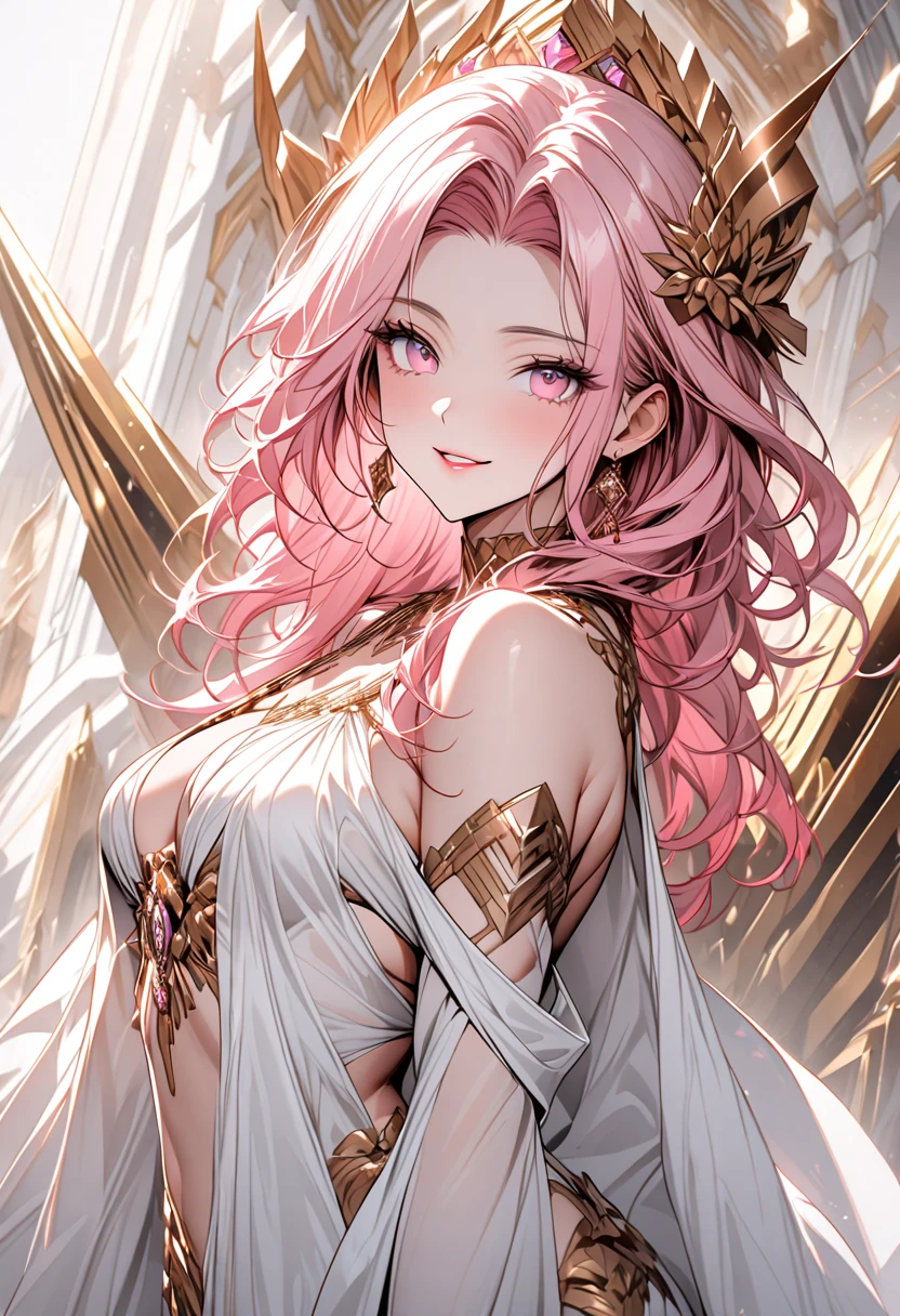 (masterpiece, high quality, best quality, 4k, 8k:1.4), 1girl, solo, pink hair, brown eyes, double-parted bangs, long hair, (mature female, mature:1.2), mole under eye, hoop earrings, revealing white and gold dress, detailed face, beautiful detailed eyes, beautiful detailed lips, extremely detailed face, long eyelashes, intricate details, soft lighting, soft color pallette, accurate anatomy