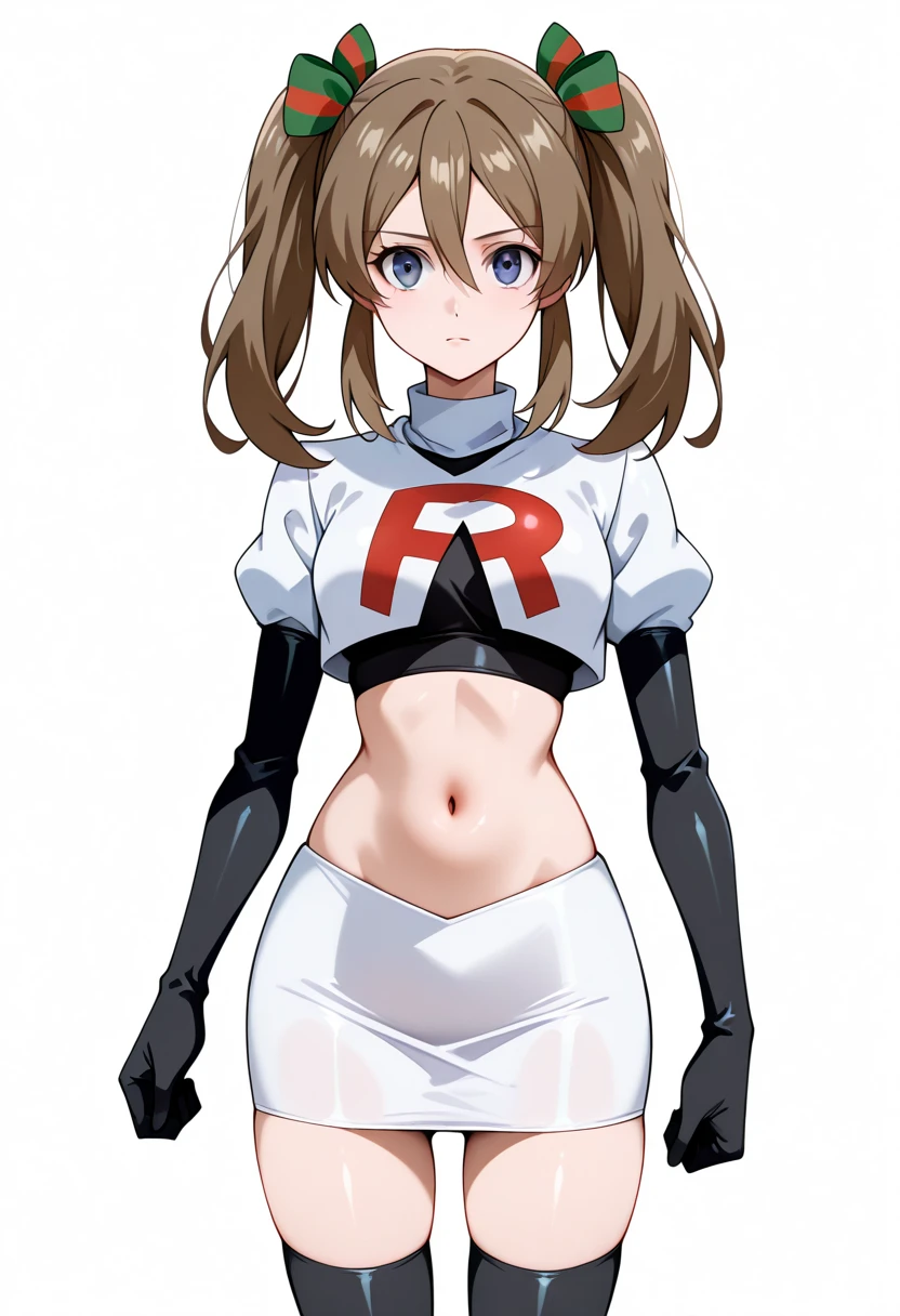 masterpiece, best quality, white background, looking the viewer,
 akwendy, brown hair, 1girl, twintails, long hair, blue eyes, hair ribbon, hair between eyes, navel, team rocket,team rocket uniform,white skirt,red letter R,crop top,black thigh-highs,black elbow gloves, cowboy shot