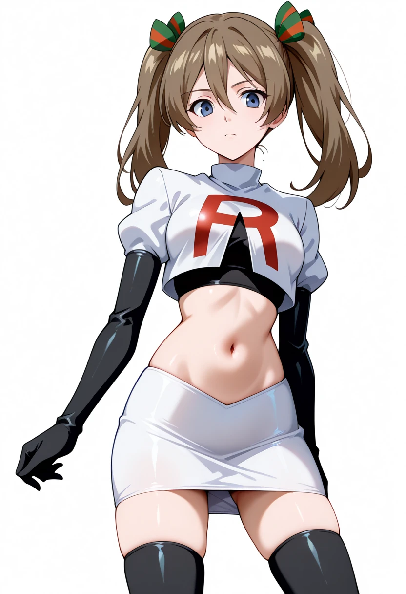 masterpiece, best quality, white background, looking the viewer,
 akwendy, brown hair, 1girl, twintails, long hair, blue eyes, hair ribbon, hair between eyes, navel, team rocket,team rocket uniform,white skirt,red letter R,crop top,black thigh-highs,black elbow gloves, cowboy shot