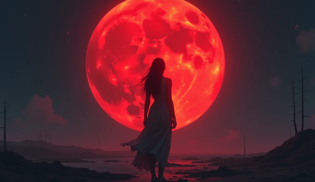 Create a beautiful red night with a red moon, red hair, orange eyes, 