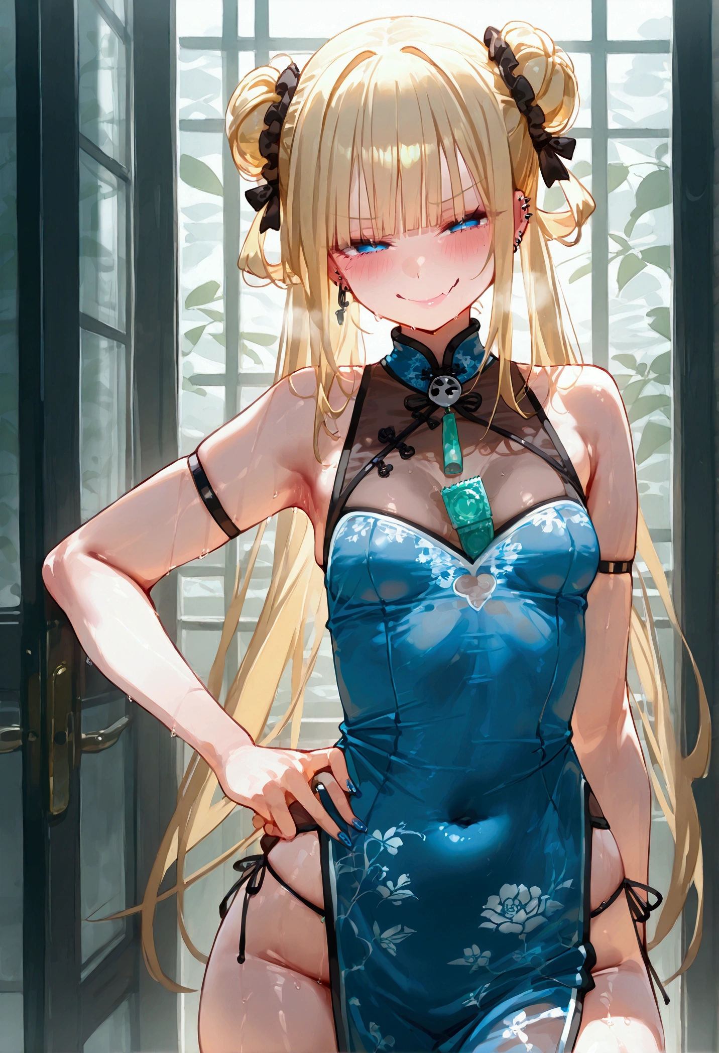 ((masterpiece、 best quality、 Very detailed))、  small breasts, one girl、 blonde hair、 Long Hair、((double bun))、blunt bangs、 blue eyes、evil smile、((lots of piercing))、 smaller breasts、((see-through chinese clothes))、 sleeveless、 cowboy shot、 downtown background, condom packaging between breasts, mesugaki, smug, skin fang, full body, 