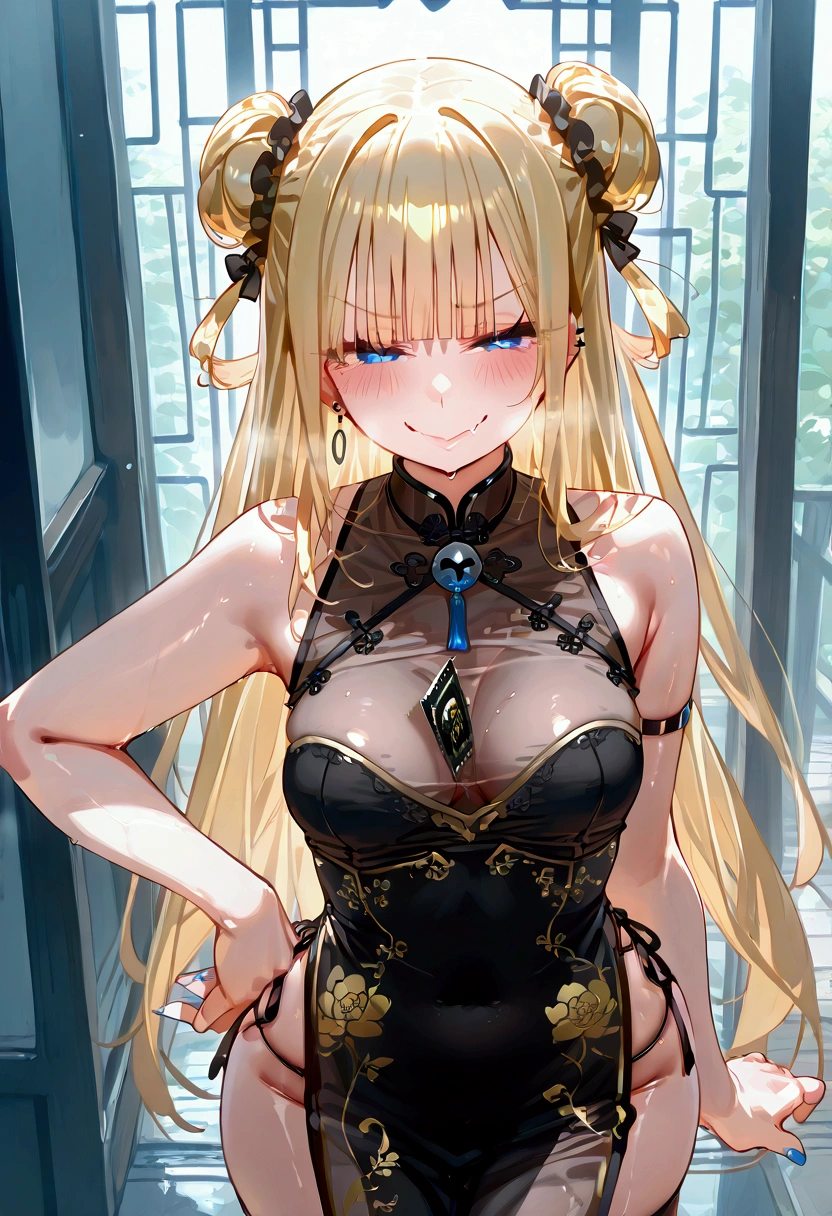 ((masterpiece、 best quality、 Very detailed))、  small breasts, one girl、 blonde hair、 Long Hair、((double bun))、blunt bangs、 blue eyes、evil smile、((lots of piercing))、 smaller breasts、((see-through chinese clothes))、 sleeveless、 cowboy shot、 downtown background, condom packaging between breasts, mesugaki, smug, skin fang, full body, 