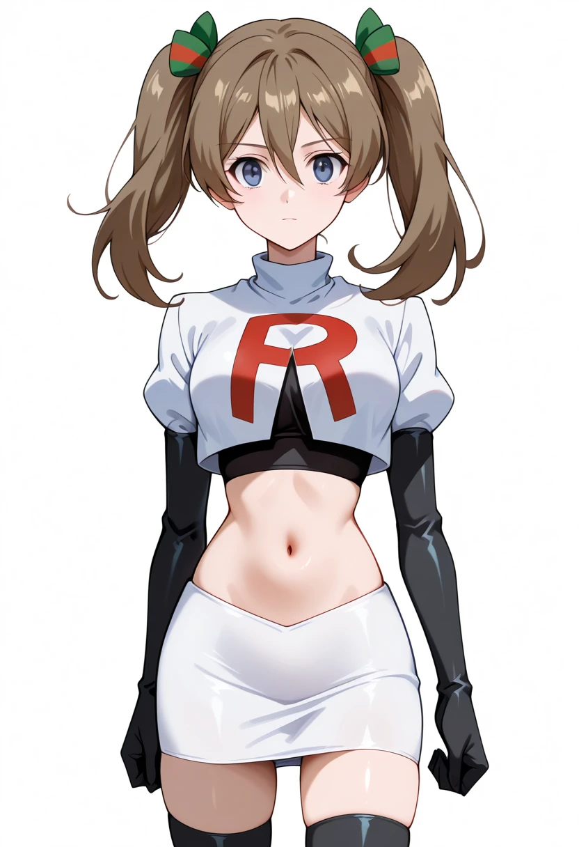 masterpiece, best quality, white background, looking the viewer,
 akwendy, brown hair, 1girl, twintails, long hair, blue eyes, hair ribbon, hair between eyes, navel, team rocket,team rocket uniform,white skirt,red letter R,crop top,black thigh-highs,black elbow gloves, cowboy shot