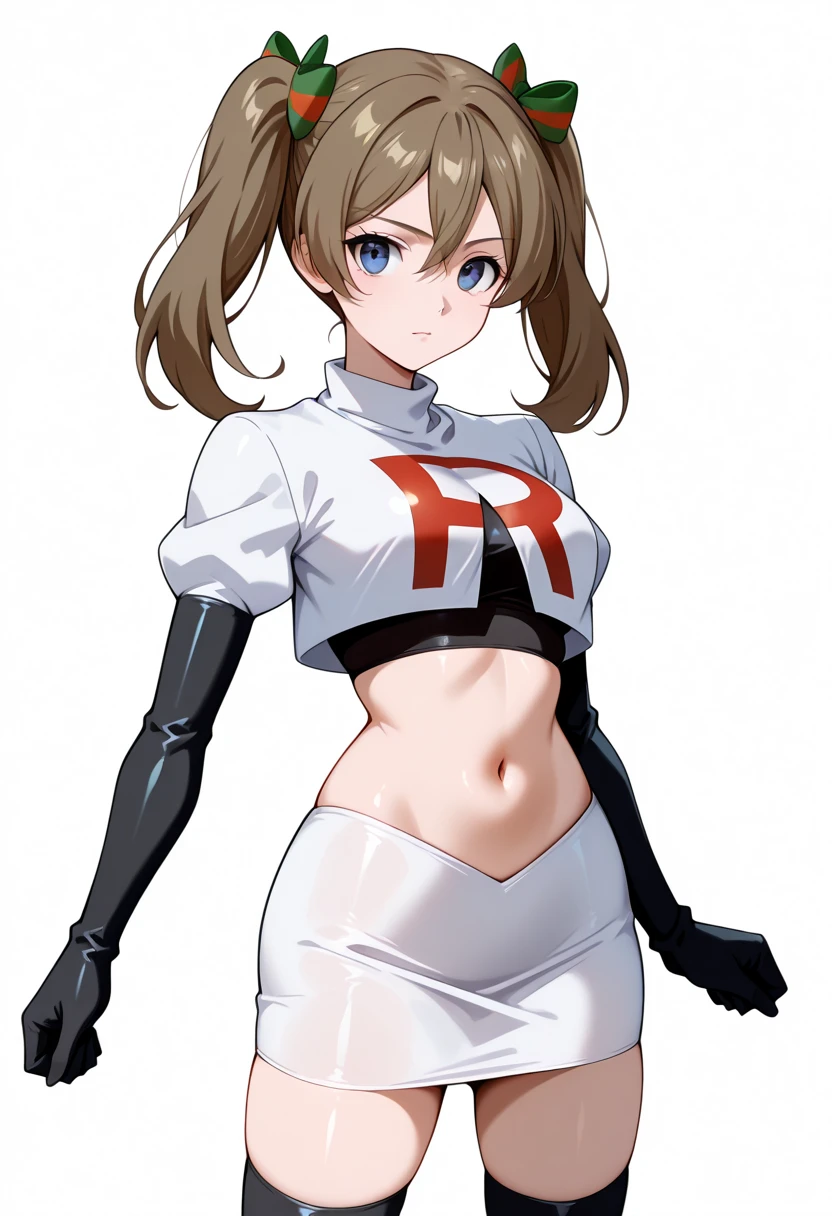 masterpiece, best quality, white background, looking the viewer,
 akwendy, brown hair, 1girl, twintails, long hair, blue eyes, hair ribbon, hair between eyes, navel, team rocket,team rocket uniform,white skirt,red letter R,crop top,black thigh-highs,black elbow gloves, cowboy shot