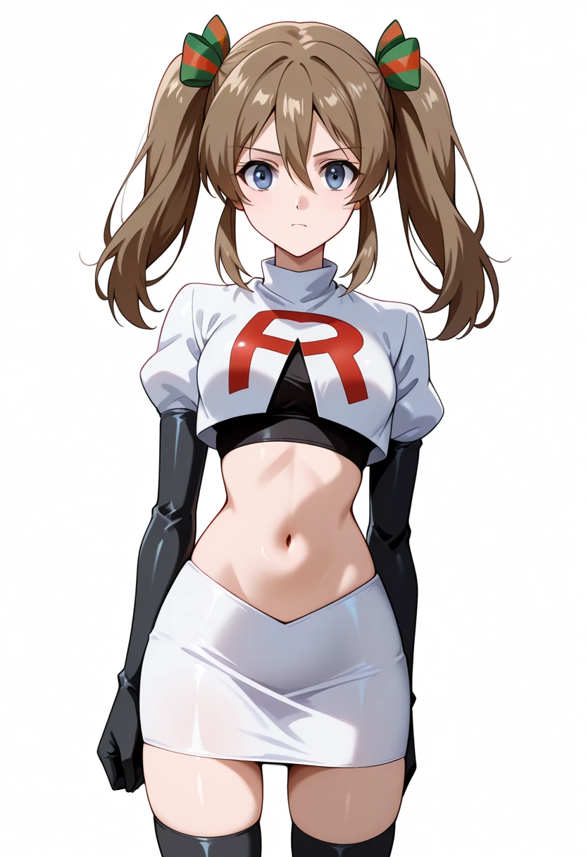 masterpiece, best quality, white background, looking the viewer,
 akwendy, brown hair, 1girl, twintails, long hair, blue eyes, hair ribbon, hair between eyes, navel, team rocket,team rocket uniform,white skirt,red letter R,crop top,black thigh-highs,black elbow gloves, cowboy shot