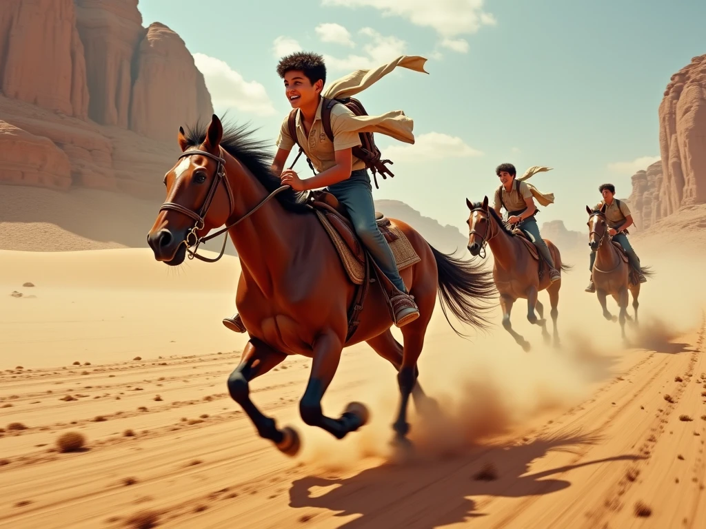 A young skinny prince white skin beautiful face handsome shirtless in a small Roman carriage with 4 horses in the desert miestras otro romano lo persigue en otro caruaje