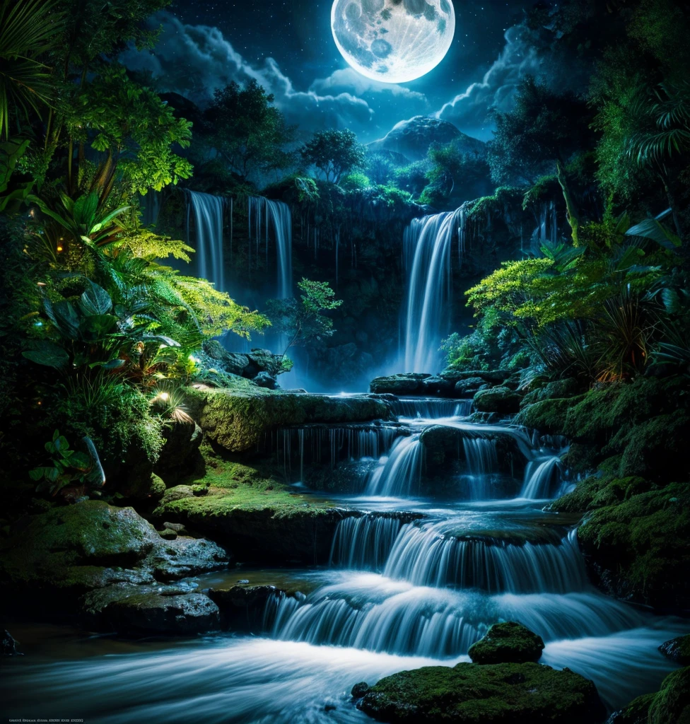 Ultra-detailed photorealistic moon with double exposure and waterfalls flowing down from it, lush steampunk jungle, fantasy movie poster, blurred edges, post-processing, seamless integration, 16k resolution, 64 megapixels, dynamic lighting. LightWave 3D