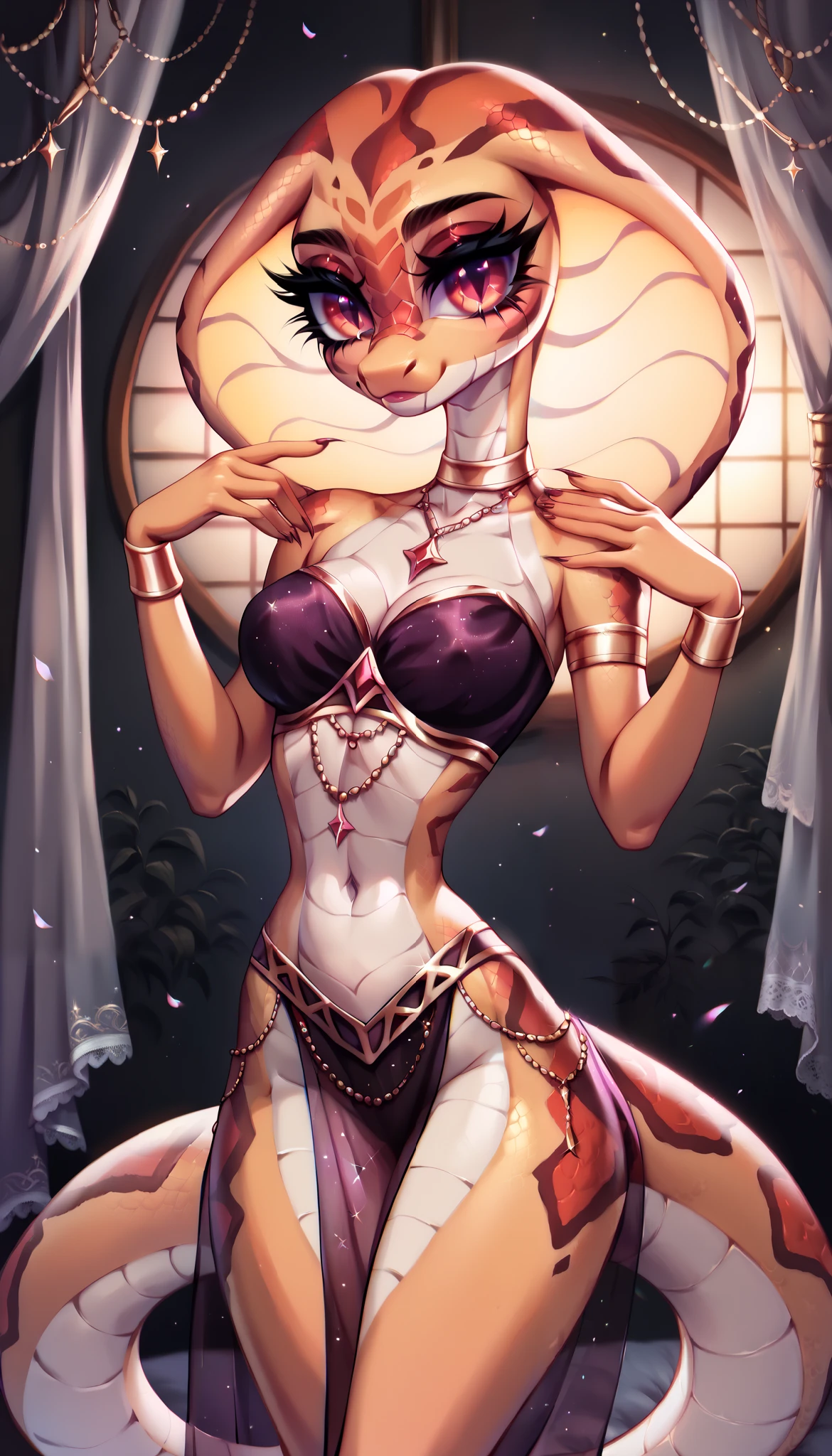 [ Sexy anthro-snake in belly dancing outfit], (( masterpiece fails)), ((HD)), (( high definition )), (( solo portrait )), ((waist above )), (( detailed shading )), (( intricate details)), {(attractive snake ), (scaly skin), (cute eyes), ( long eyelashes ), (nice legs), (sweet smile)}, {( official pose ), ( Looking at the viewer)}, [ ambient lighting,  bed, Night]