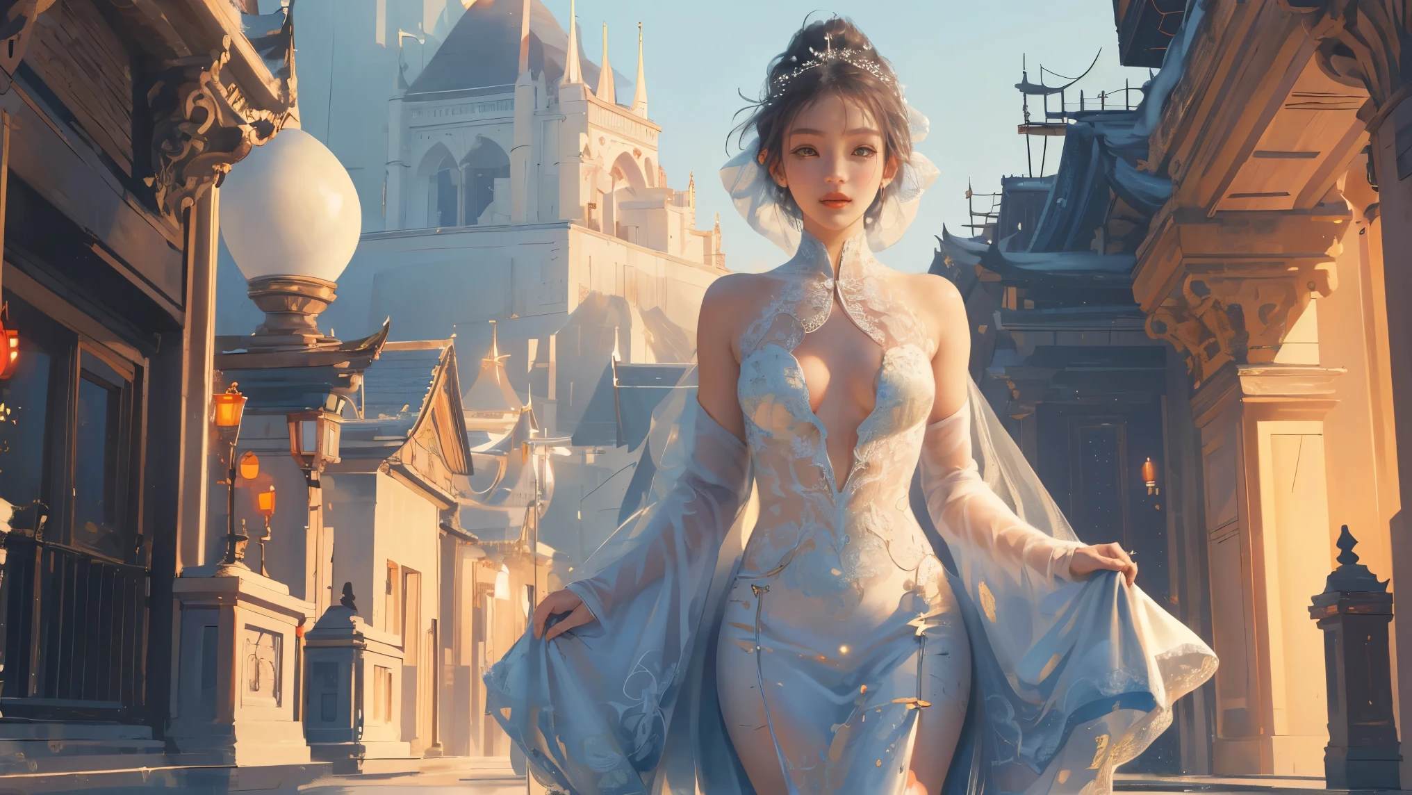 (practical, Photorealistic:1.37), (masterpiece, Highest quality:1.2), (Ultra-high resolution:1.2), (Original photo:1.2), (Clear focus:1.3), (Face Focus:1.2), (Highly detailed CG Unity 8k wallpaper:1.2), (Beautiful Skin: 1.2), (Pale skin:1.3), (Super sharp focus: 1.5), (Super sharp focus:1.5), (Beautiful and clean face:1.3), (非常にDetailed Background, Detailed Background:1.3), Bokeh, Depth of written boundary, rest, Image of a Very Cute and Beautiful Japanese Woman, (bride), business suit, (22 years old:1.1), smileの少女の肖像画, Full body image, from the front, Symmetrical Configuration, (Studio Lighting:1.3), (Cinema Lighting:1.3), (Rear window lighting is backlit:1.3), (surface light:1.3), Light Enveloping Her Entire Body, Looking straight at you, Persistence, Sexy model posing, rest, (Chestnut Half-Hair:1.2), Dark brown eyes, Beautiful Eyes, Princess Eyes, Mahogany Hair, A single hair, bangs, slim, Abdominal muscles, (Huge breasts;1.35), (Willow West:1.15), (Details of a beautiful girl:1.4), (Pure White Elegant and Gorgeous Lace Silk Wedding Dress:1.3), (BaliOcean view背景:1.2), (smile, happiness:1.3), ((Perfect female body)), (Upper body image:1.3), Encircling the head, Perfect Dramatic, Volumetric lighting, Professional majestic oil painting, Glowing Skin, CT Anatomy, Perfect Proportions, 8.Five Really Small, Face Focus, Ultra practical Photo, Extremely clear images, Ultra-high definition images, Bali, Ocean view, Beach, External, ((walking Beach:1.2)),