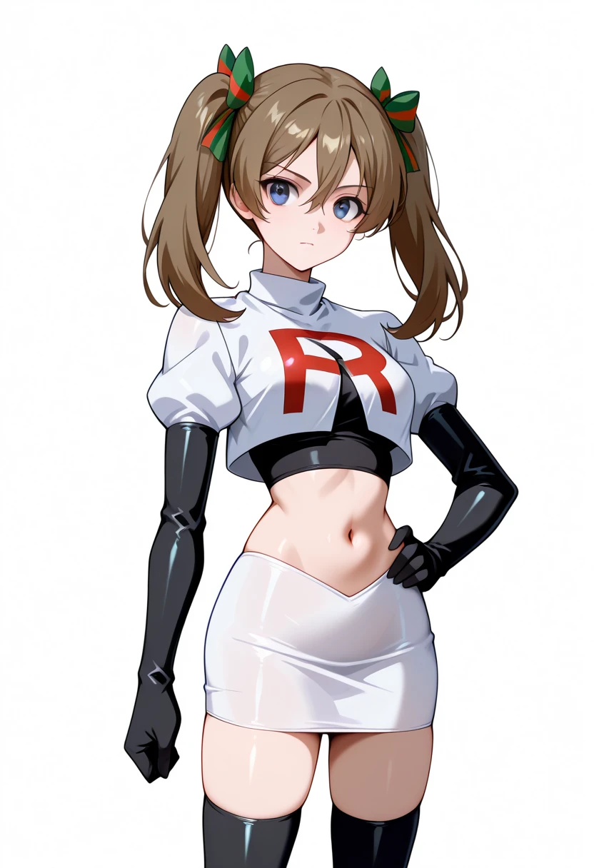 masterpiece, best quality, white background, looking the viewer,
 akwendy, brown hair, 1girl, twintails, long hair, blue eyes, hair ribbon, hair between eyes, navel, team rocket,team rocket uniform,white skirt,red letter R,crop top,black thigh-highs,black elbow gloves, cowboy shot