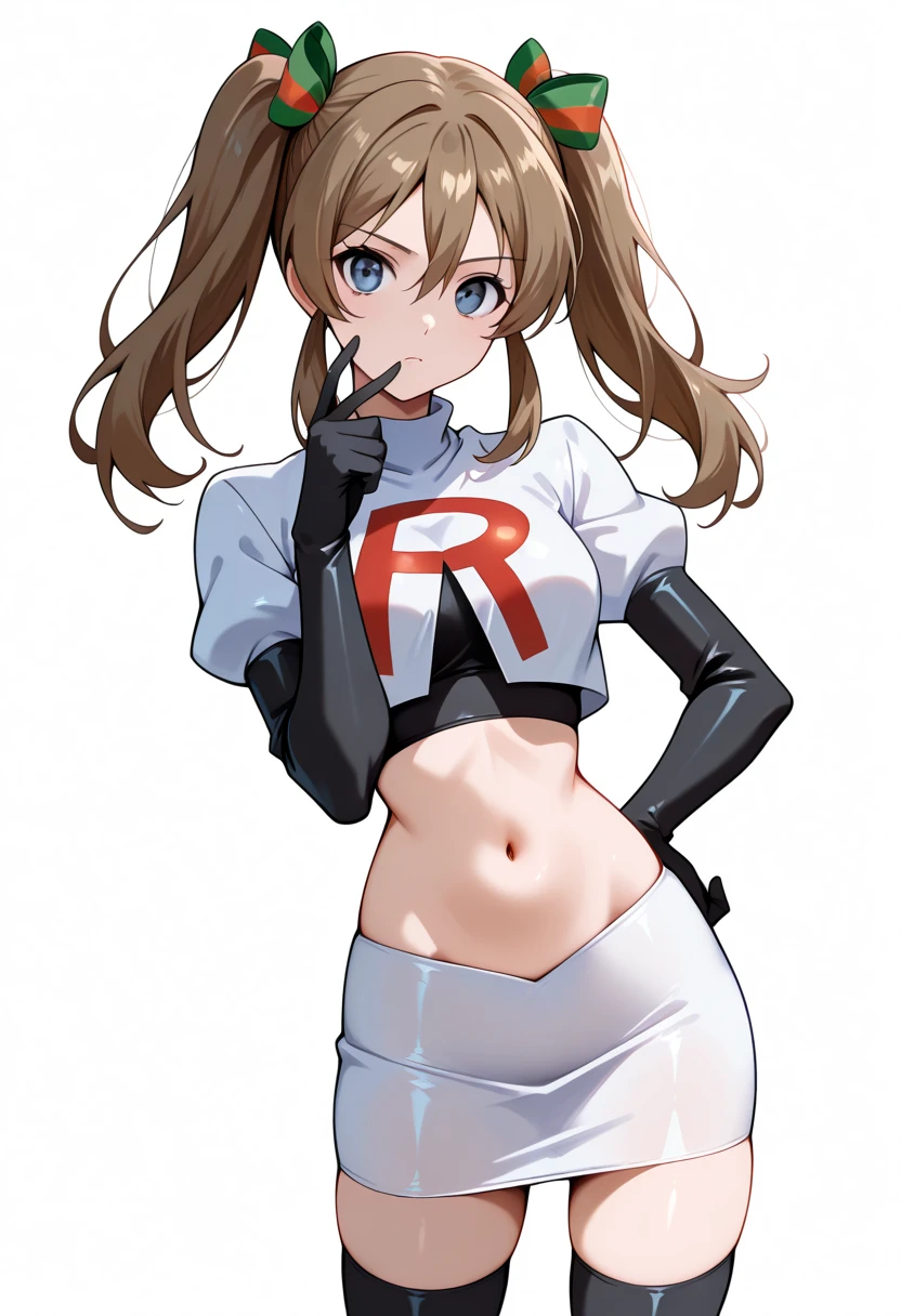 masterpiece, best quality, white background, looking the viewer,
 akwendy, brown hair, 1girl, twintails, long hair, blue eyes, hair ribbon, hair between eyes, navel, team rocket,team rocket uniform,white skirt,red letter R,crop top,black thigh-highs,black elbow gloves, cowboy shot