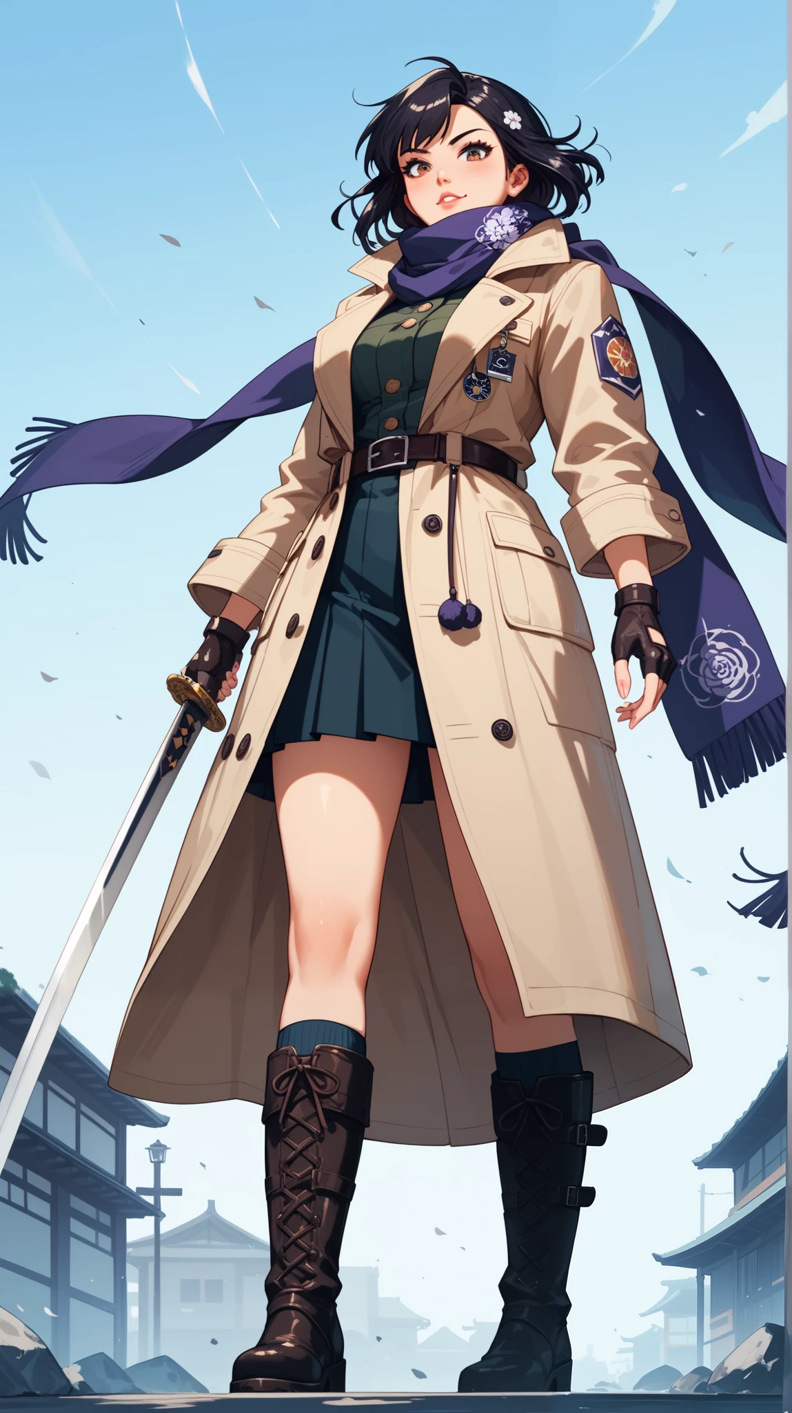 Japanese and Western Costumes、Female swordsman in Japanese trench coat holding Japanese sword, scarf, skirt, fingerless gloves, fluttering trench coat,boots, Japanese sword bladeDetailed hand、Hand、Perfect hand ,low-angle view、 Active Angles 、 dynamic composition 、Stable_Yogis_Animetoon_Negatives