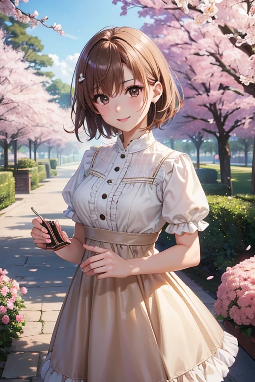 misaka mikoto、 shiny hair,  short hair, ( beautiful brown eyes、Sparkling Eyes, fine grain、  perfect highlight)、smile、 super detailed eyes、 very detailed顔,  very detailed目,cowboy shot,、( One Girl )、 ,In 8K,  top quality  , 
( Photorealistic :1.4, 8k),  top quality , masterpiece, 超 high res,  perfect dynamic configuration, top quality ,  very detailed,  so delicate and beautiful,  high res,  very detailedCG, masterpiece,


(masterpiece),( top quality ),  

, Wearing a brown dress、 casual clothes,  of Titan,  Short sleeve,  short hair、smile, garden, cherry blossoms, glass, Watching viewers, 