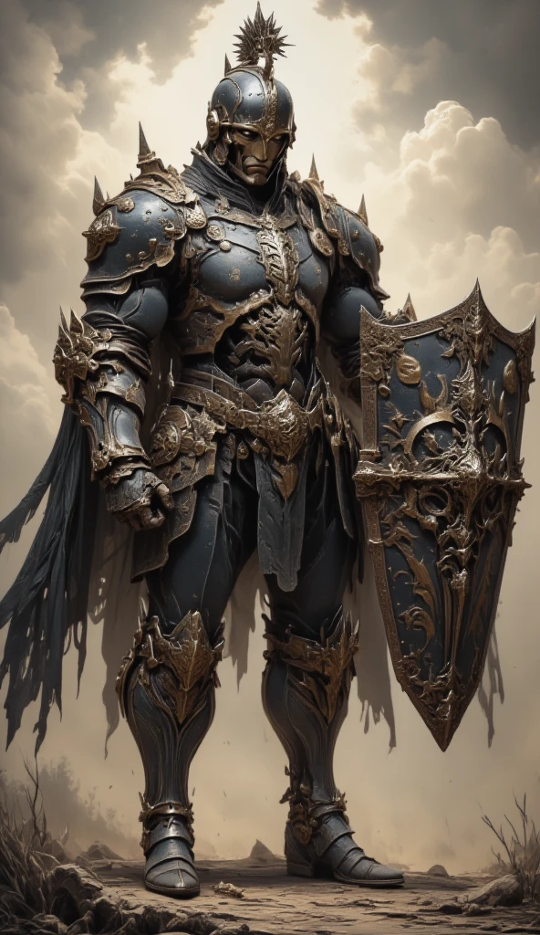 A full-body image of a muscular adult male knight clad in heavy, full-body metal armor, including a fully enclosed helmet with a visor. He wields a massive, square-shaped shield, intricately designed with battle-worn textures and metallic accents, exuding strength and resilience. The armor reflects light dramatically, highlighting its detailed craftsmanship. He stands boldly on a rugged battlefield, surrounded by a misty, medieval landscape with faint rays of sunlight breaking through the clouds. The composition emphasizes his imposing presence, with his cape flowing in the wind and a sense of readiness for combat. The scene captures the grandeur and intensity of a fantasy-inspired knight, blending realism with epic storytelling.,warrior,soldier