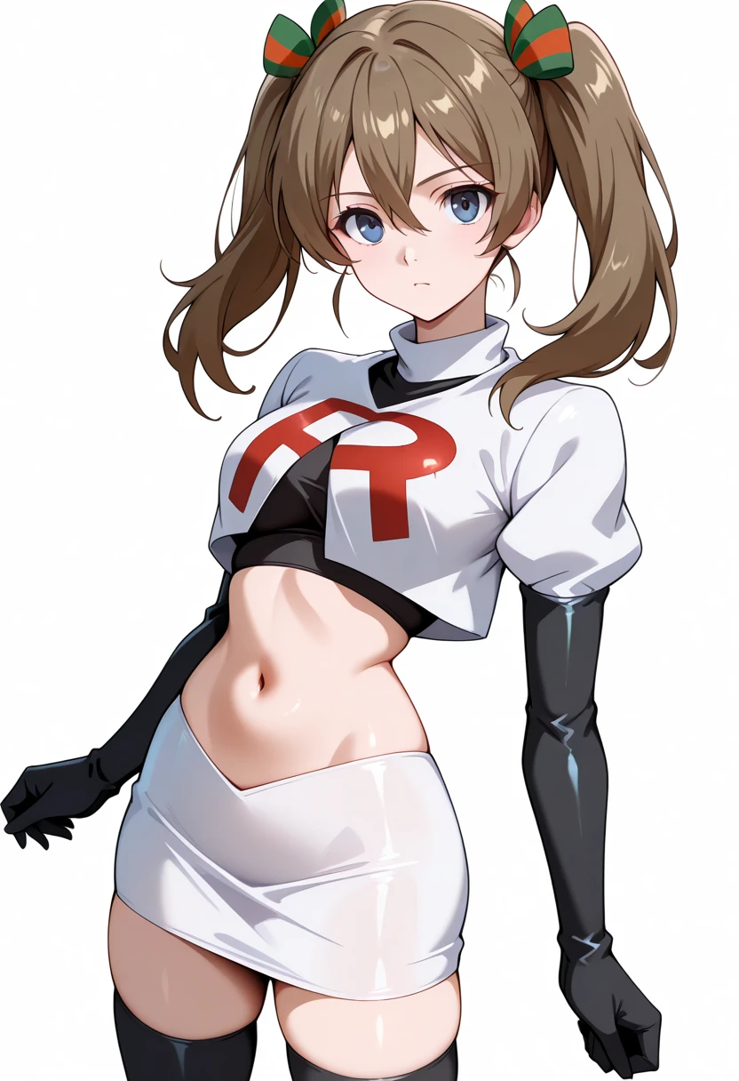 masterpiece, best quality, white background, looking the viewer,
 akwendy, brown hair, 1girl, twintails, long hair, blue eyes, hair ribbon, hair between eyes, navel, team rocket,team rocket uniform,white skirt,red letter R,crop top,black thigh-highs,black elbow gloves, cowboy shot