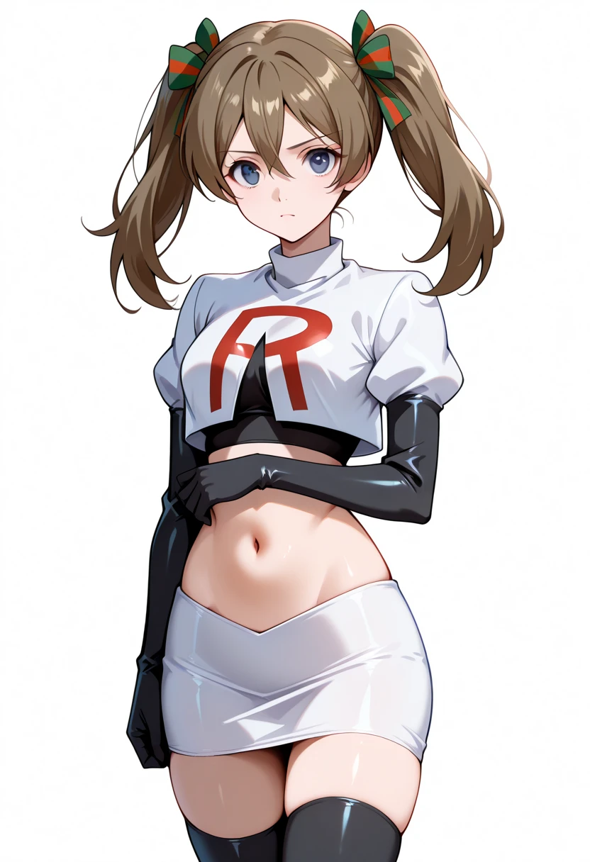 masterpiece, best quality, white background, looking the viewer,
 akwendy, brown hair, 1girl, twintails, long hair, blue eyes, hair ribbon, hair between eyes, navel, team rocket,team rocket uniform,white skirt,red letter R,crop top,black thigh-highs,black elbow gloves, cowboy shot