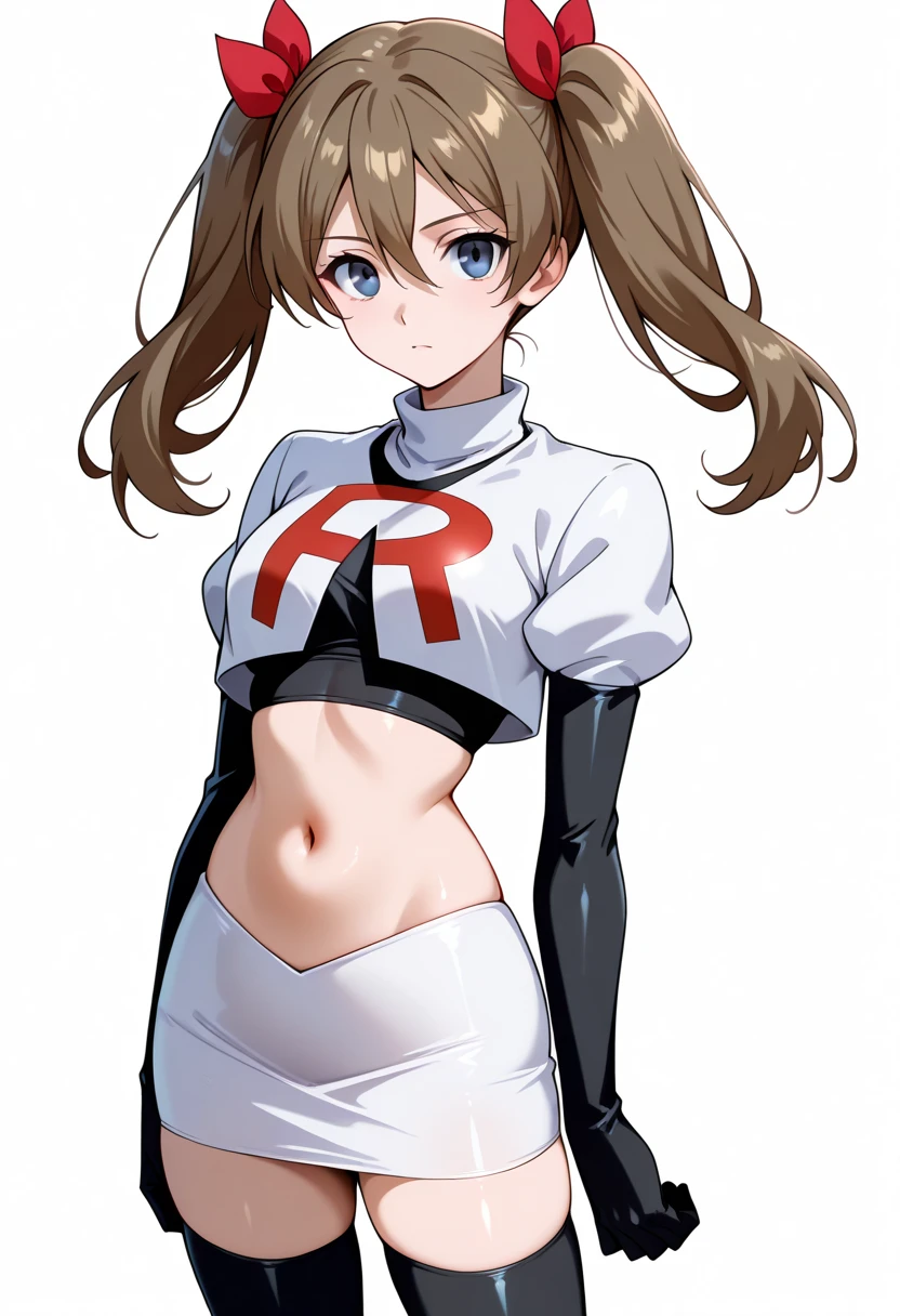 masterpiece, best quality, white background, looking the viewer,
 akwendy, brown hair, 1girl, twintails, long hair, blue eyes, hair ribbon, hair between eyes, navel, team rocket,team rocket uniform,white skirt,red letter R,crop top,black thigh-highs,black elbow gloves, cowboy shot