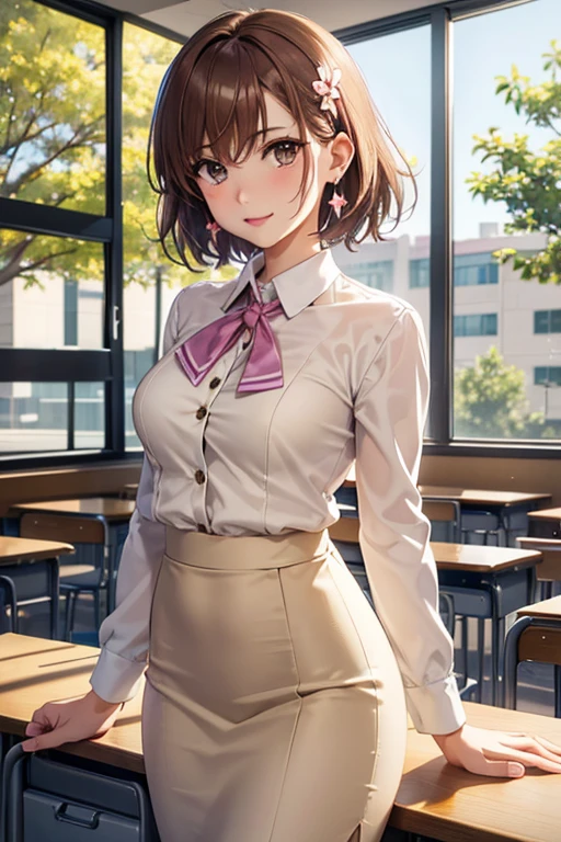 misaka mikoto、 shiny hair,  short hair, ( beautiful brown eyes、Sparkling Eyes, fine grain、  perfect highlight)、smile、 super detailed eyes、 very detailed顔,  very detailed目,cowboy shot,、( One Girl )、 ,In 8K,  top quality  , 
( Photorealistic :1.4, 8k),  top quality , masterpiece, 超 high res,  perfect dynamic configuration, top quality ,  very detailed,  so delicate and beautiful,  high res,  very detailedCG, masterpiece,


((  beige suit,  beige pencil skirt, Black blouse,  Amethyst Earrings ,   has pink lipstick in it,  conceited  )), ((teacher, classroom background, Business career ,  window,  sunny day, 低tree, tree々, flower, classroom))