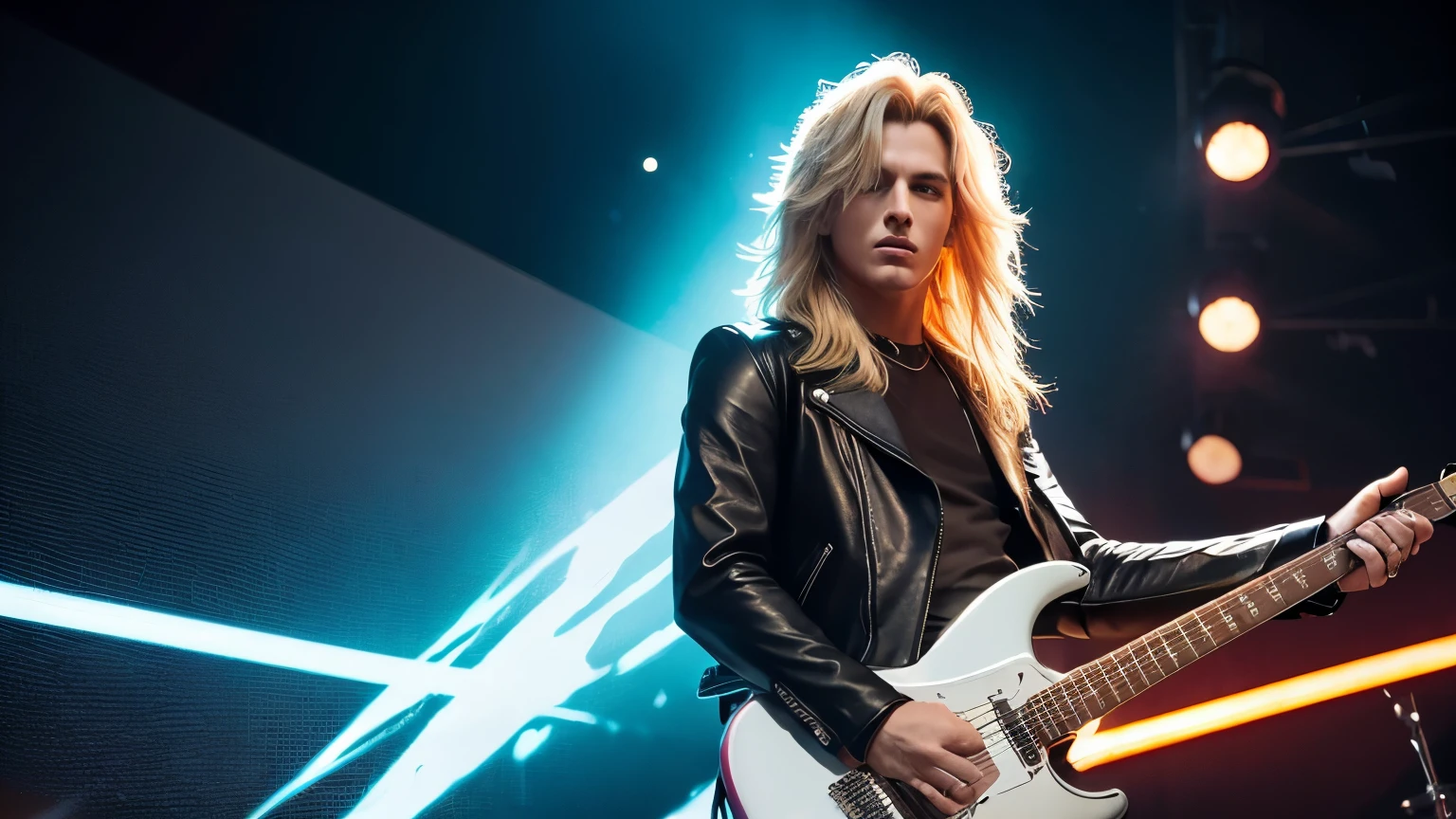 Create a high-resolution digital artwork featuring a striking and charismatic man with long, blonde hair, holding an electric guitar. He is exuding a sense of confidence and dynamic presence. The man is wearing a stylish leather jacket and sleek boots, embodying the essence of a rock star.
Position him in a powerful stance, suggesting both mastery and passion for his music. The electric guitar should be prominently displayed, emphasizing its sleek design and details, with reflections or light flares enhancing its craftsmanship and allure.
The background should complement his rock aesthetic, using vibrant colors or abstract patterns that convey energy and movement, reinforcing the theme of rock music. Consider incorporating subtle motifs of musical notes or sound waves for added atmosphere.
Utilize a color palette of bold reds, deep blacks, and metallic silvers to create a visually striking image that resonates with the energy and excitement of rock music. The overall composition should evoke inspiration and captivate viewers, drawing them into the exhilarating world of music and performance.