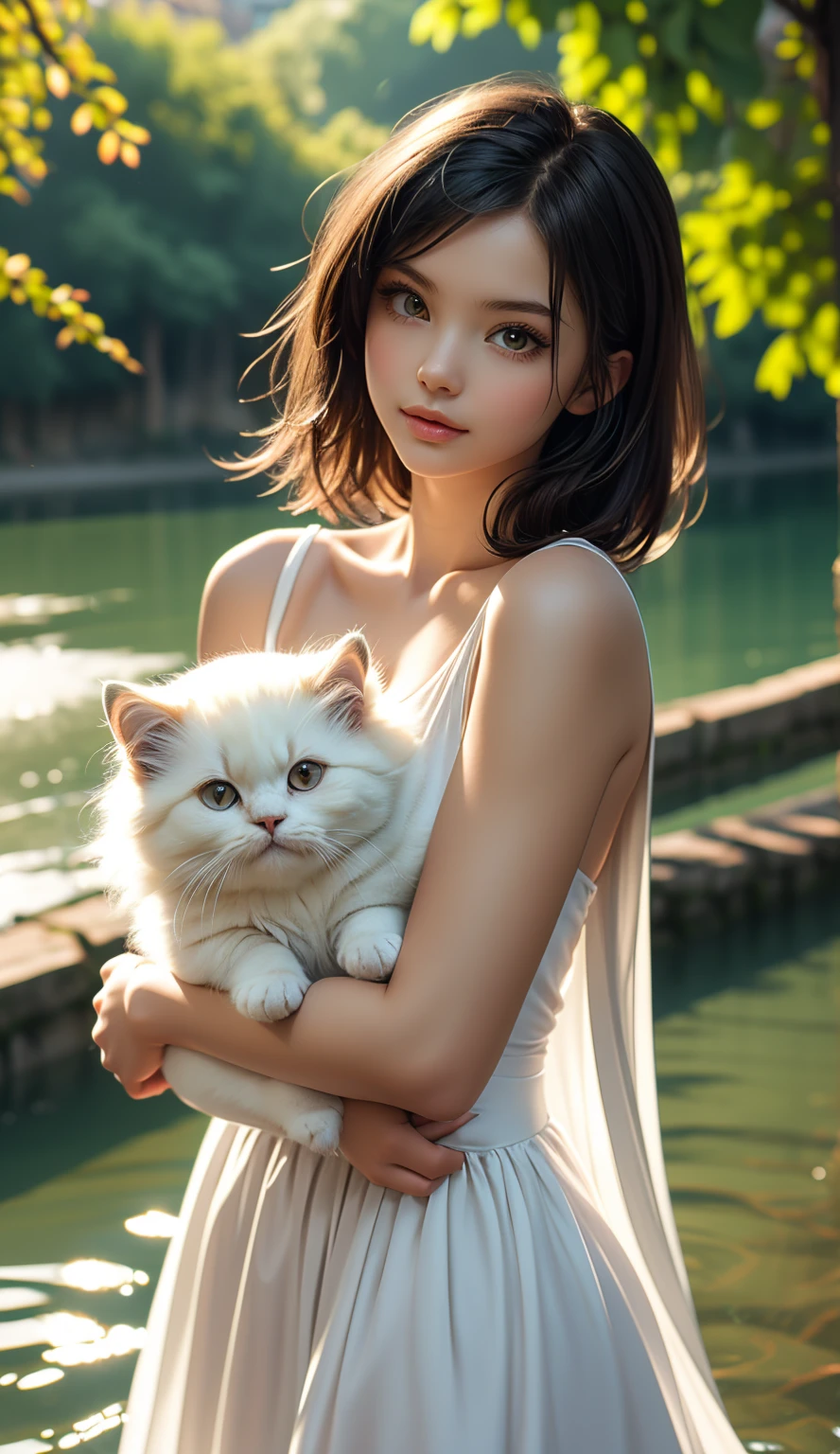 Beautiful girl in a thin white dress with a fluffy white Persian cat in the background on a beautiful river bank in a bright afternoon looks real and elegant 