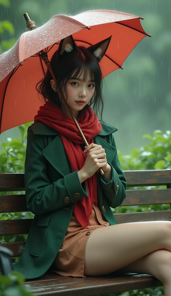 a cute woman with cat ears, wearing green trench coat, and red scarf, sitting in a bench park, huge breasts, thin waist, ((holding an umbrella)), raining