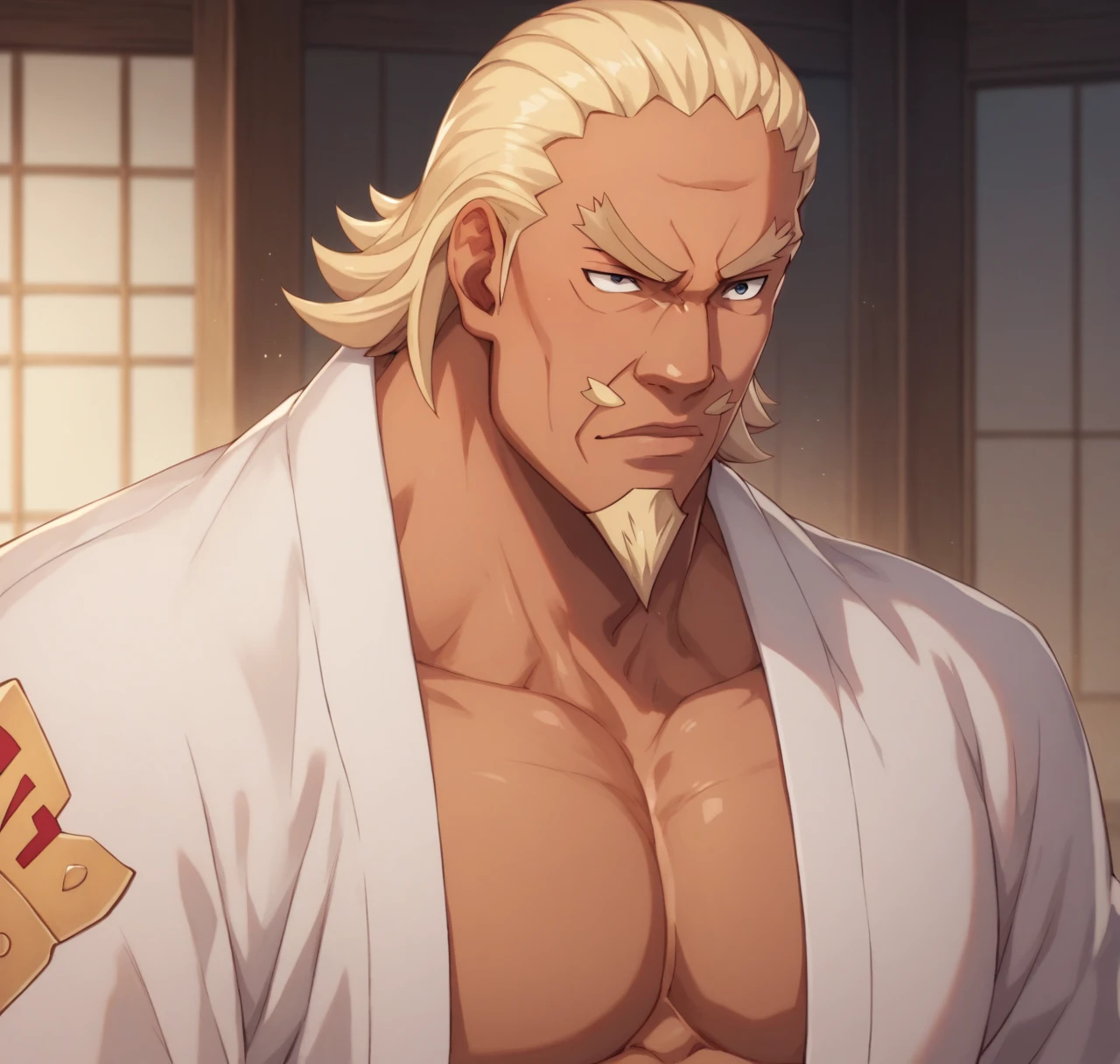 Raikage, muscular, strong, bad, dark yellow hair and beard,  anime style , whole body, "quero ele whole body", A little distant showing more of the scenario as well 