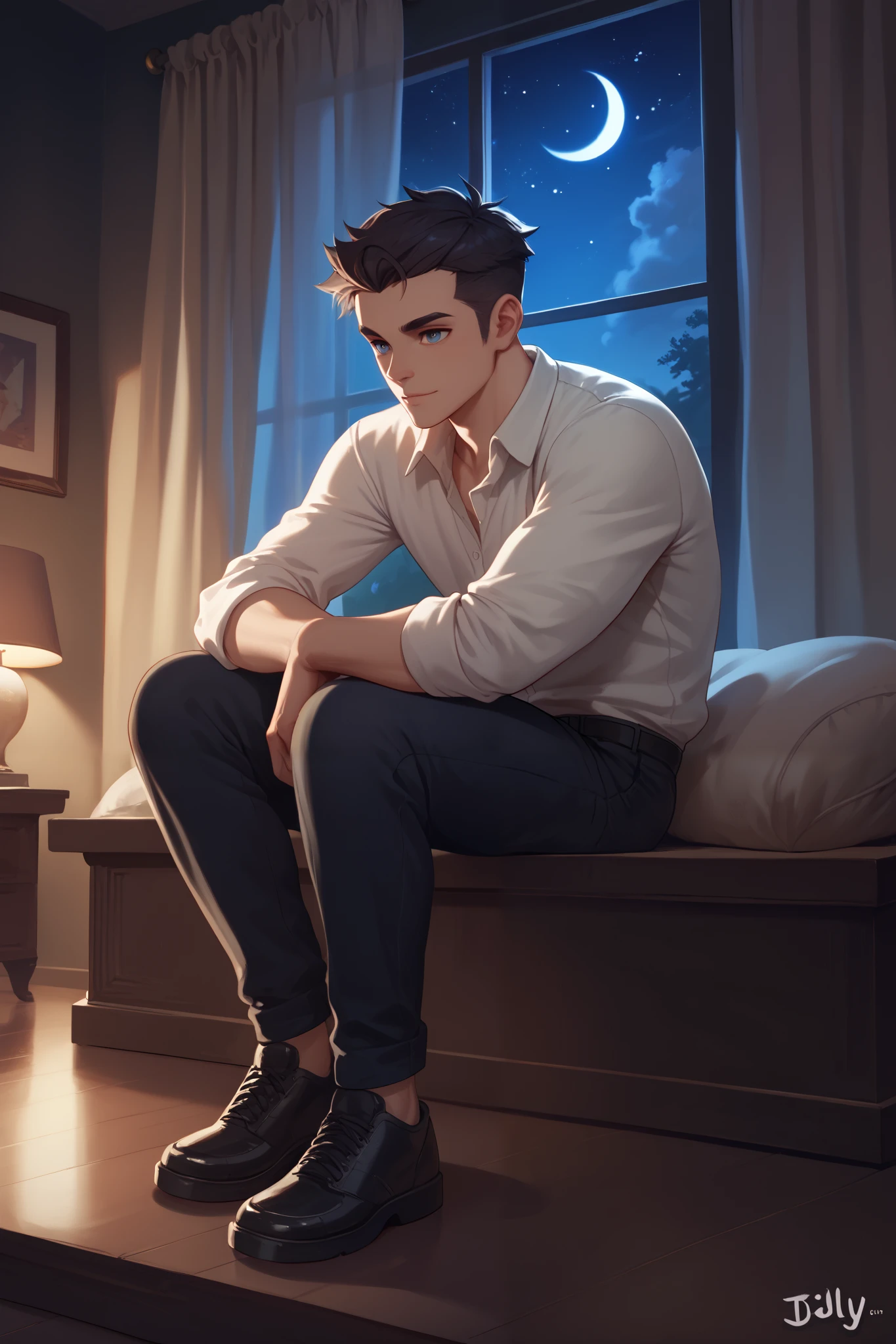 scene of a young man sitting alone in his dimly lit room at night, gazing out at the starry sky through a window. Shadows move subtly across the walls, representing silent fears creeping in. His expression reflects deep contemplation and hidden vulnerability.t , black pants, black shoe