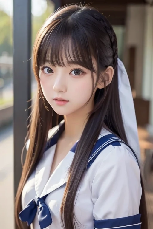  like an idol , long hair , straight hair , Round face , bust up ,  sailor suit  ,  as pictured  ,  High School