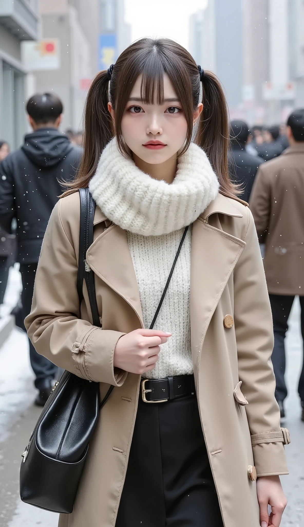 1girl\(She is a Japanese office worker. She is tall and has a very neat figure. Her hair is a slightly dark brown with twin tails. She looks cold as she walks with her head slightly down. She is wearing a beige trench coat and a fluffy white scarf. The scarf covers her mouth. The trench coat is unbuttoned, and she is wearing a white knit sweater and dress shirt underneath. For bottoms, she is wearing midi length black Tight skirt for recruitment. She is wearing black shoes with a slight heel. She is carrying a stylish black tote bag over her arm. The handle of the tote bag has a cute character mascot with a rabbit motif,The character is called trk-rabbit, trk-rabbit is sleepy expression is very unique.\), background\(people passing by and buildings are drawn in blur. It is snowing a little, and there is a thin layer of snow on her head. Draw her from the front at the same eye level as her\), detail\(A very realistic photographic style that captures everyday life,masterpiece, best quality, 8k, highres, ultra-detailed,trk\)