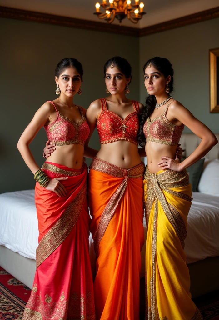 slim skinny  girls bodies , 3 south indian woman,fullside view, standing in bedroom, wearing navel chain, sexy blouses, breasts, different colour sarees, fit and curvy body, sleeveless blouse, costly room, bangles in hand, bindi in forehead, 8k , intricate details
