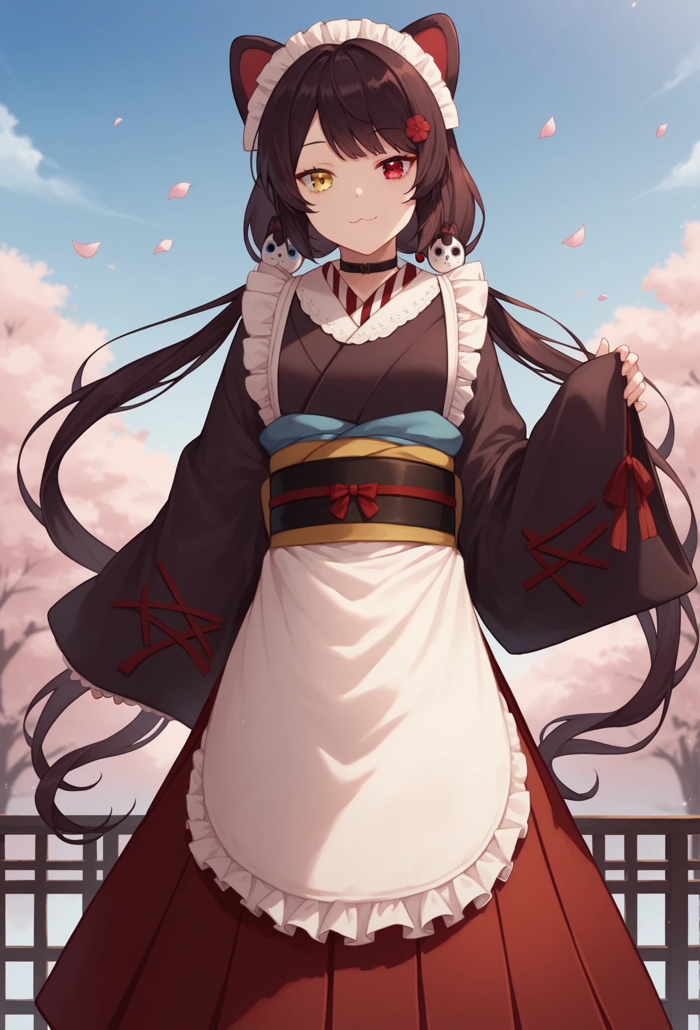 score_9, score_8_up, score_7_up, source_anime, it1, dog girl, heterochromia, yellow eyes, red eyes, animal ears, dog ears, brown hair, black hair, long hair, twintails, low twintails, flower, hair flower, red flower, hair ornament, wa maid, maid headdress, choker, black choker, kimono, brown kimono, black kimono, obi, apron, white apron, sleeves past wrists, hakama, red hakama, skirt, red skirt, hakama skirt, frilled skirt, smile, sky, cherry blossoms, looking at viewer, expressionless, smile