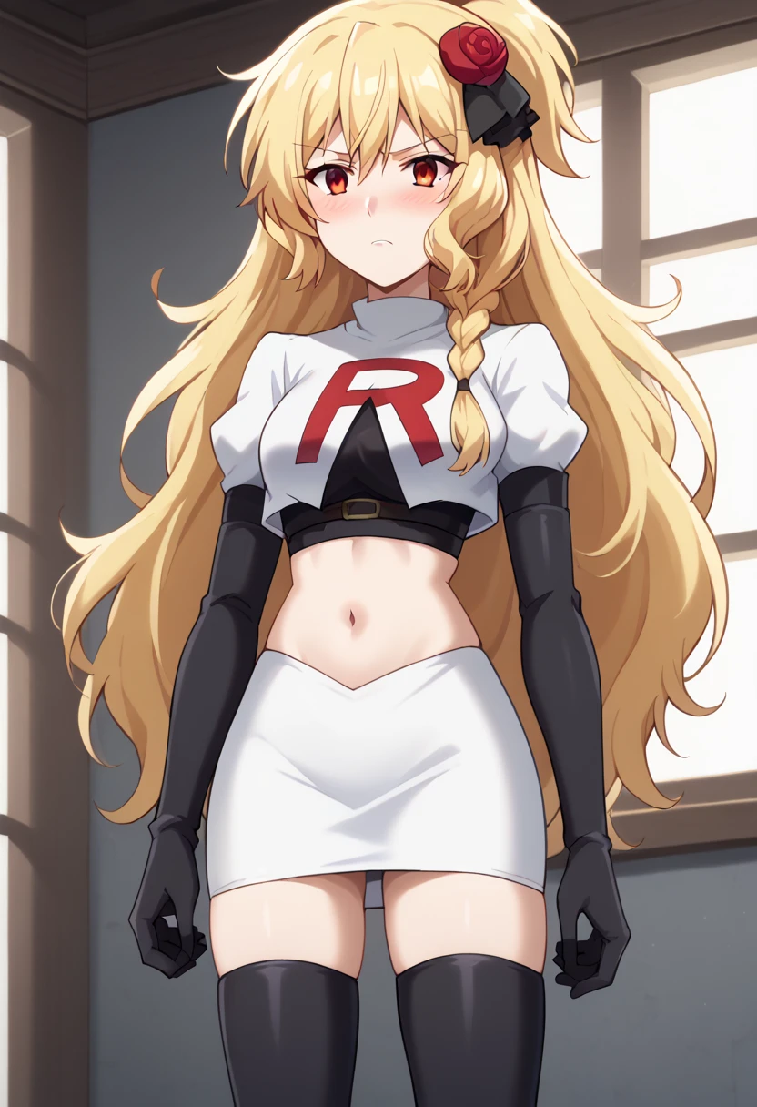 Lucy_Heartfilia, long hair,blonde hair, brown eyes, ,team rocket uniform, red letter R, white skirt,white crop top,black thigh-high boots, black elbow gloves, looking at viewer, cowboy shot