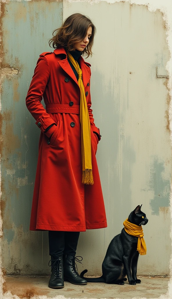 dark atmosphere, photo artistic angle shot, intricate, sketch draw style, pastel tones, pale, (painting finishing), foggy, high tech, high relief, abstract photography arrangement, organic, graphic design, stamp, dark, shadows, shape woman with red trench coat, and a cat with yellow scarf