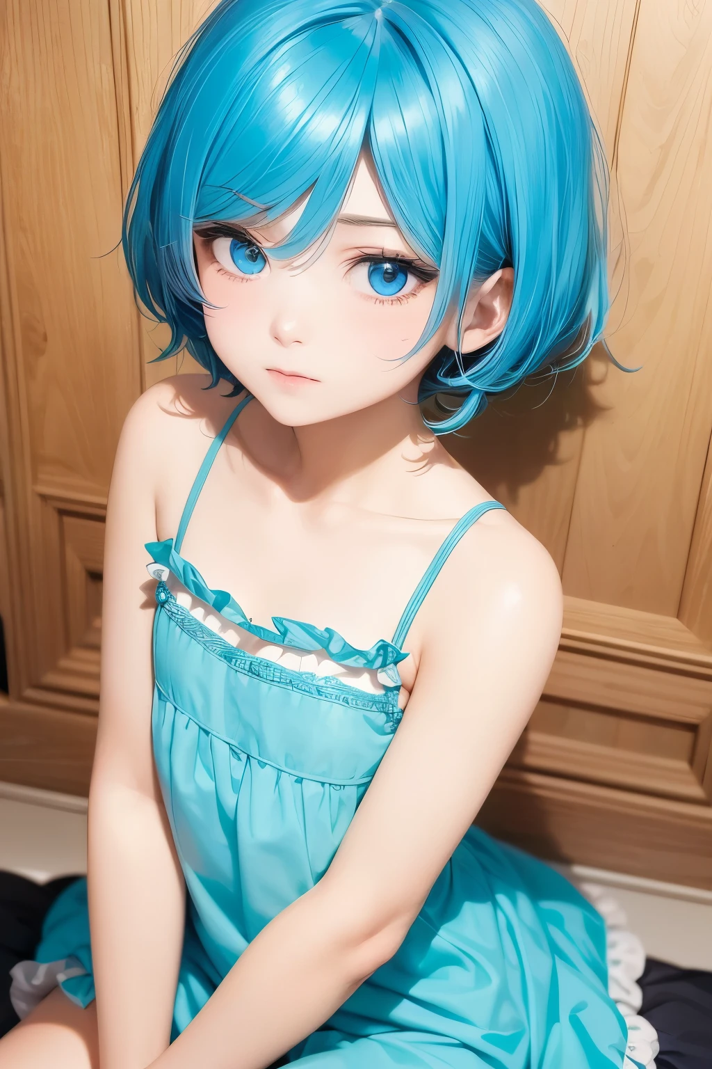 Femboy, otoko no ko, blue aqua hair, short hair, flat chest, sexy body, cute face, Shy face, blue eyes, frilled dress, short dress, yellow dress, Lily flower background frame