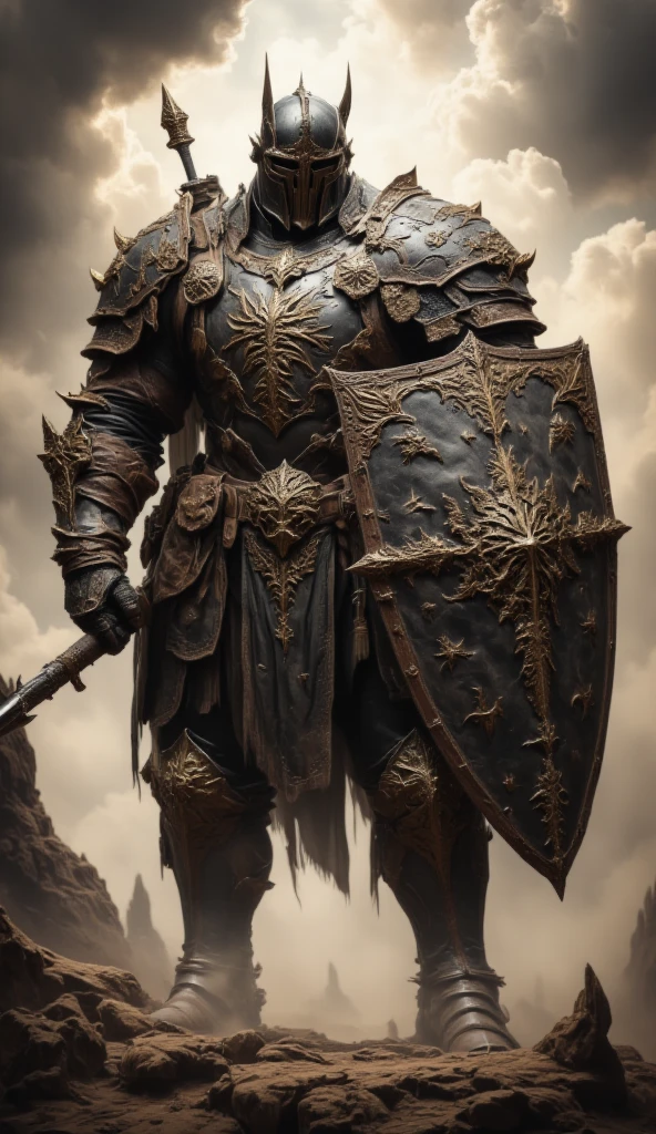 A full-body image of a muscular adult male knight clad in heavy, full-body metal armor, including a fully enclosed helmet with a visor. He wields a massive, square-shaped shield, intricately designed with battle-worn textures and metallic accents, exuding strength and resilience. The armor reflects light dramatically, highlighting its detailed craftsmanship. He stands boldly on a rugged battlefield, surrounded by a misty, medieval landscape with faint rays of sunlight breaking through the clouds. The composition emphasizes his imposing presence, with his cape flowing in the wind and a sense of readiness for combat. The scene captures the grandeur and intensity of a fantasy-inspired knight, blending realism with epic storytelling.,warrior,soldier