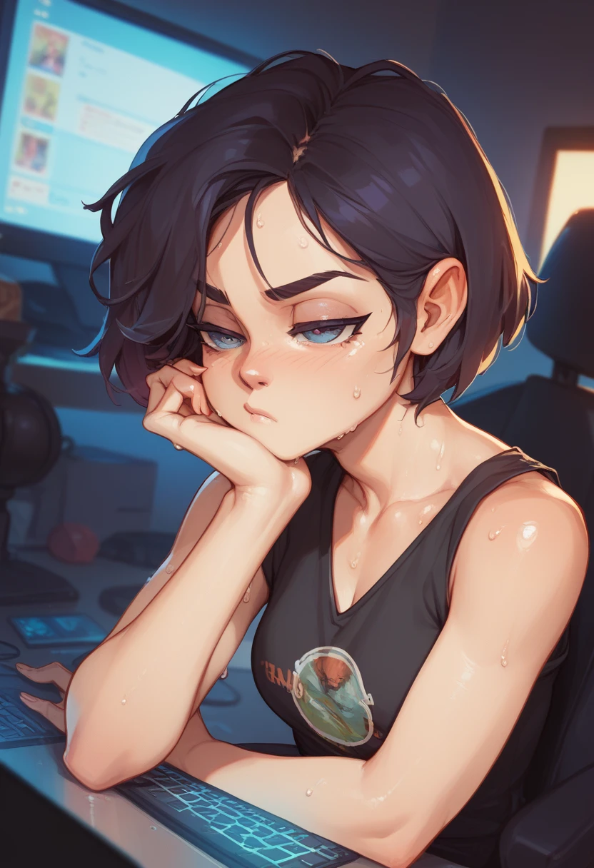 nerdy girl,  short hair, bored, In front of the monitor,  drenched in sweat,disheveled